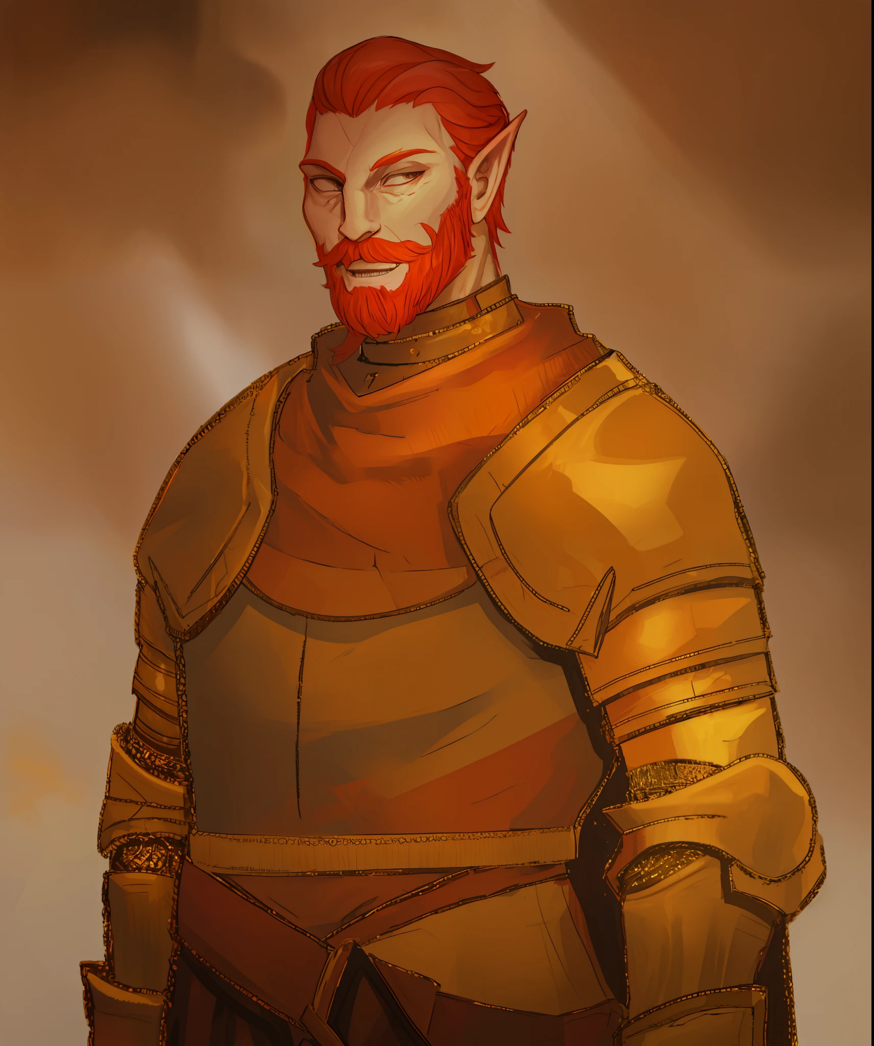 1man, a close up of a cartoon of a man in golden armor, portrait of a dnd character, inspired by Rajmund Kanelba, dnd character portrait, dnd character concept portrait, dnd character, male elf, full body dnd character portrait, baldur's gate character portrait, dnd portrait, dnd character art portrait, portrait of a male hydromancer, red hair, red bear, golden armor, roman jupiter sign