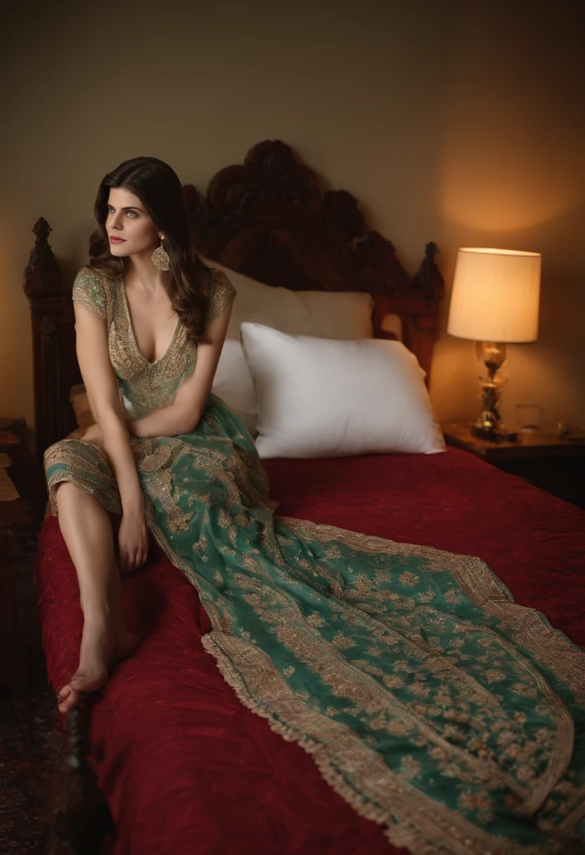 Alexandra Anna Daddario wiring afghan dress in the bed