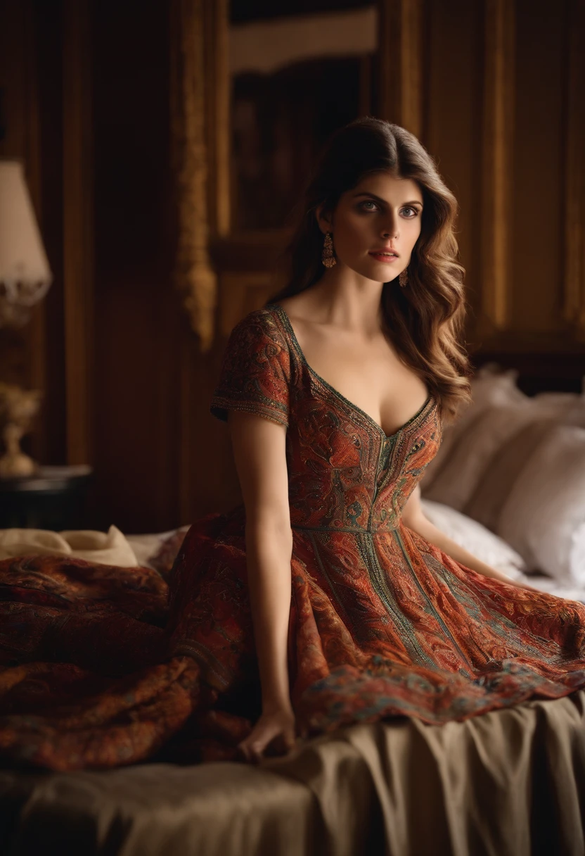 Alexandra Anna Daddario  wiring afghan dress in the bed