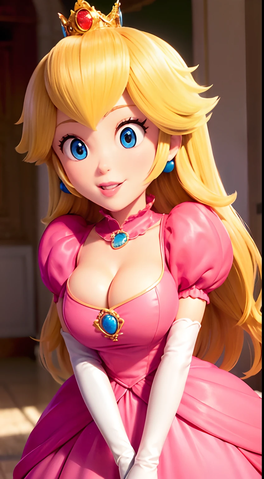 (Inside a castle setting,)  Uma pequena princesa Peach usando um lindo vestido rosa quente, She is kind and compassionate and is shown smiling softly, Ela tem mais de 6 metros de altura e usa uma coroa dourada em cima de seus cabelos loiros e luvas brancas. Com foco em seu grande peito sedutor, (peito grande, decote, (She is pictured leaning forward showing off her cleavage)), She is depicted in a close-up of the bass.