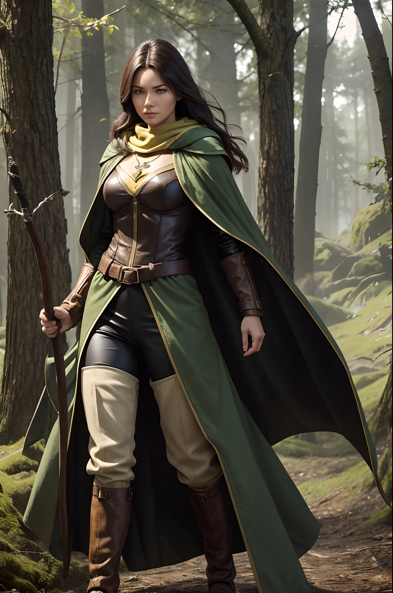 32 yo woman forest archer in a fantasy world, fullbody, full character, female protagonist, very tall woman, wearing knee-high lightweight brown leather boots, wearing green and yellow Ranger cloak, wearing a Oakleaf necklace, wearing green breeches beneath her cloak, hoody put down from her cloak, luscious hair, defiant and fierce face, beautiful woman, sexy, barefaced, threatening posture towards viewer, looking at viewer, emphasis on face, perky tits, tight clothes