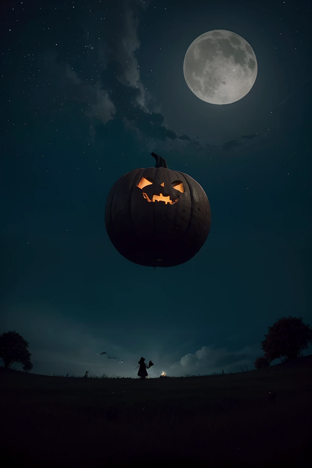 Make this picture with shadows, witches in the background, and a spooky pumpkin castle