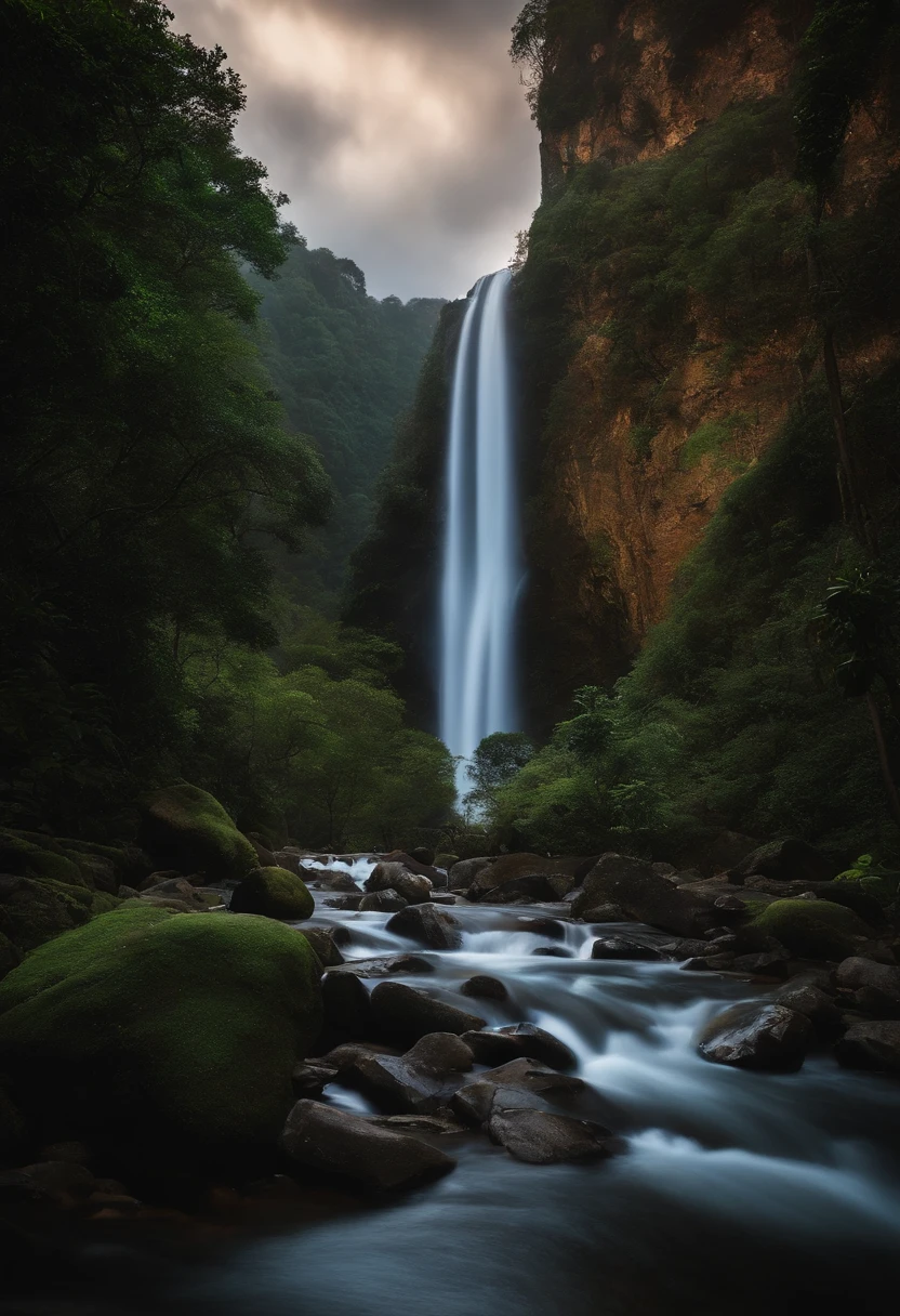 Descreva uma cena visual de um carro parado em frente a uma cachoeira em uma montanha. The image should convey a sense of serenity and natural beauty. Be sure to include as much detail as possible, como a marca e a cor do carro, The surrounding scenery, The characteristics of the waterfall and the mountainous landscape. Tente criar uma atmosfera que inspire calma e tranquilidade. Descreva as cores, os elementos naturais, the lighting and any additional elements that help bring that scene to life. Feel free to add sensory information, como cheiros, sons e texturas, that contribute to the visual experience of that scene