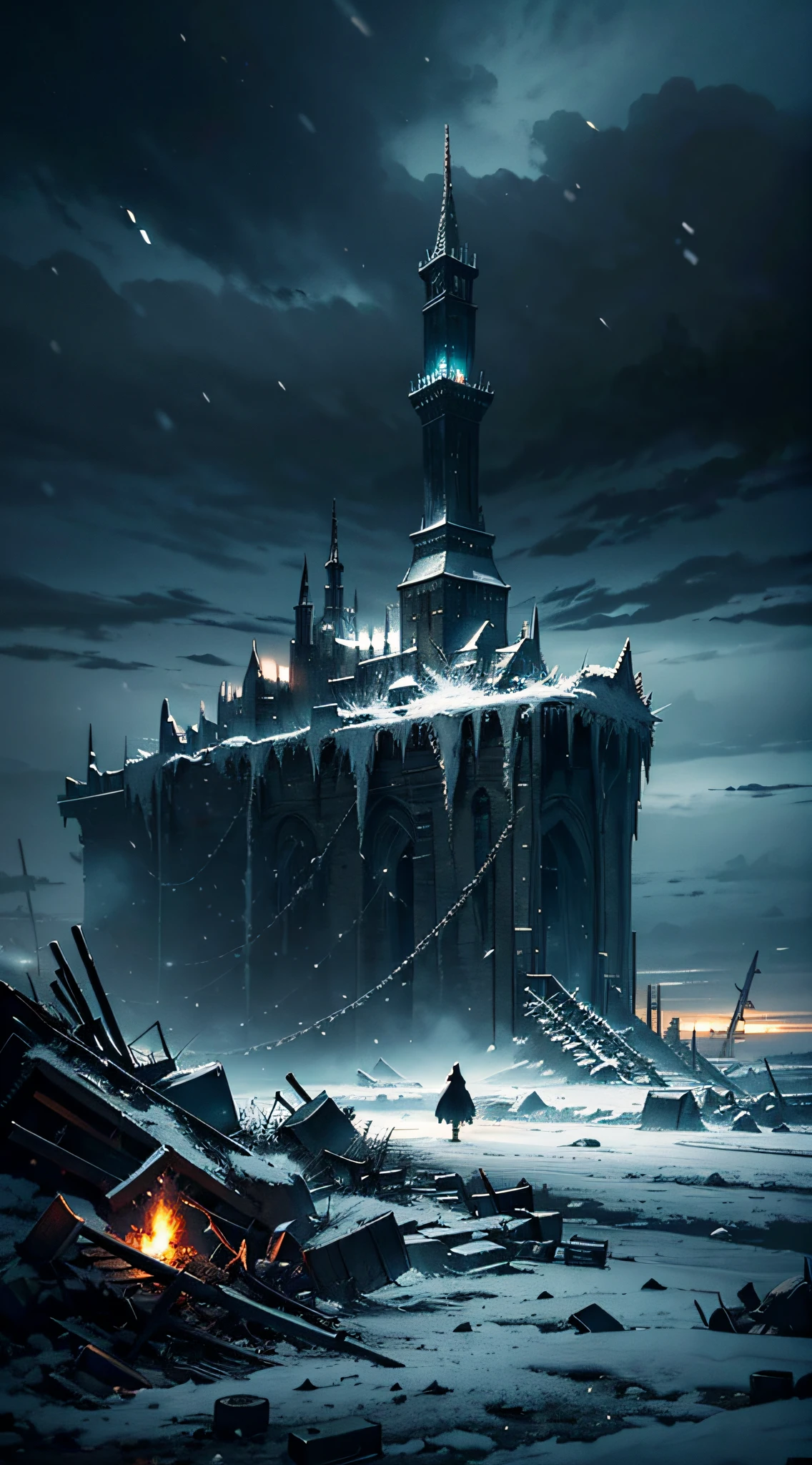 dark fantasy, hopeless landscape, highly detailed landscape, tundra, falling snow, dark art, dystopian atmosphere, edge of the world, broken and frozen carts, metal fragments, chain fragments, scattered ashes, dark sky, overcast sky, gray sky, dark metal mechanized anime girl sits with crossed knees, looks at the sky