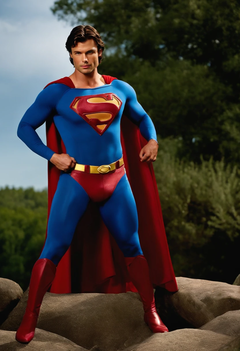 1 man as superman, Tom Welling of the Smallville serie, Beautiful eyes and face details, shirtless, nice body and defined muscles, best quality, blonde hair, blue eyes, toned body, (male model) warm skin, Best qualities, Older man handsome man in the world,