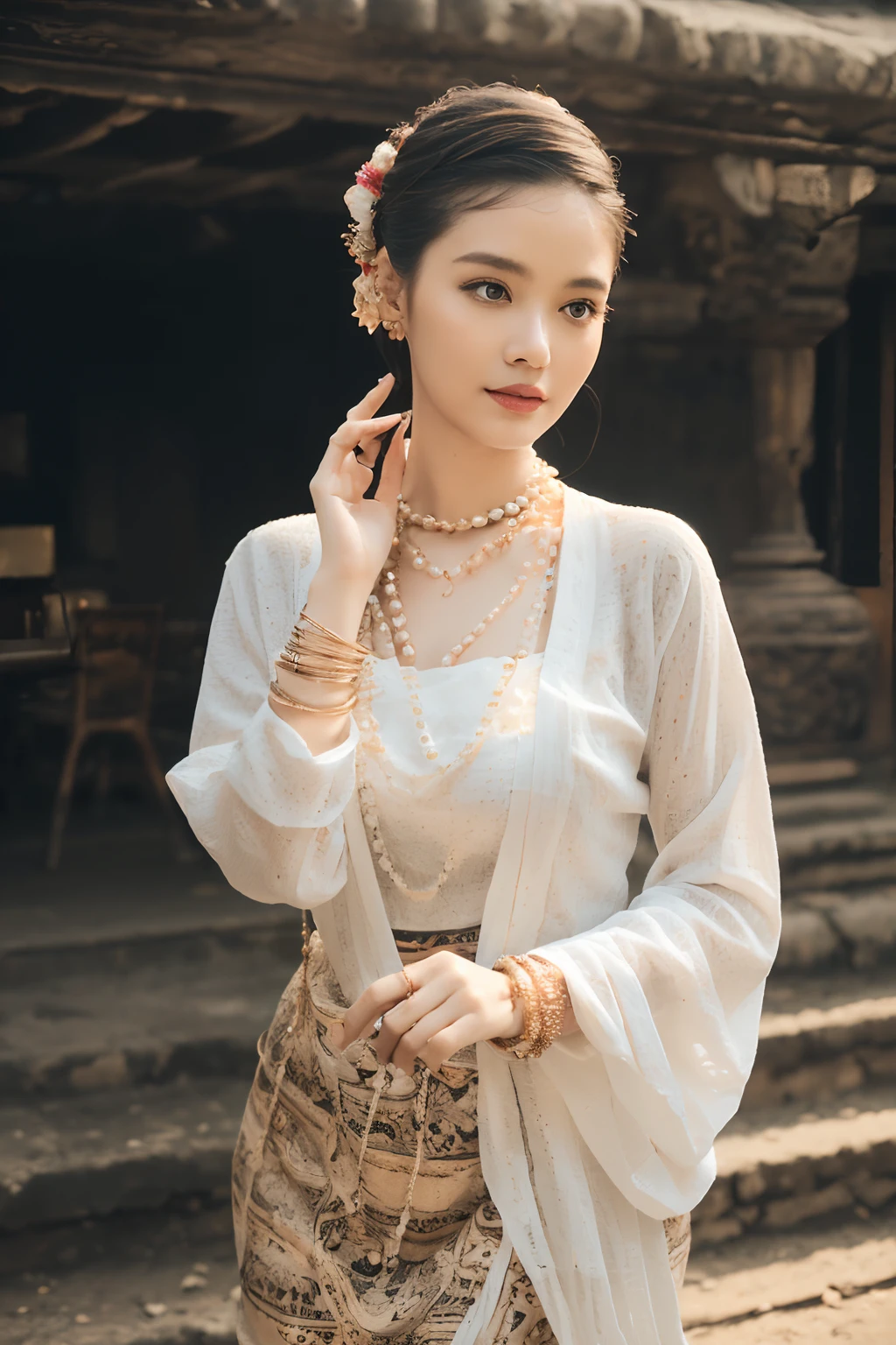 (best quality,4k,8k,highres,masterpiece:1.2),ultra-detailed,(realistic,photorealistic,photo-realistic:1.37), MMTD Burmese patterned traditional dress, beautiful lady wearing the dress, detailed eyes and face, long eyelashes, wear pearl necklaces and gold bracelets, soft natural lighting ,ancient city,standing full body details