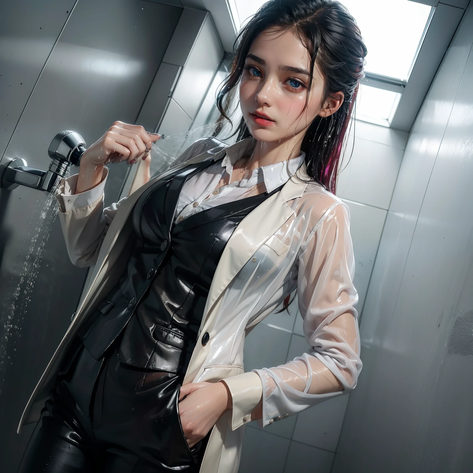 30 yo female office worker taking shower in her clothes, ((three piece suit)), , shirt, jacket, waistcoat, pants, ((wet clothes)), soaked, drenched, drenched clothes, bubbles, ((formal wear)), colorful clothes, steam, water on skin, (dripping water), translucent, round face,  photographic quality, masterpiece, 8k, indoors, late night