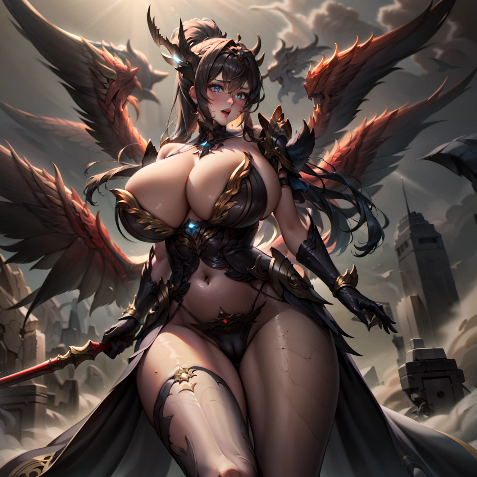 battlemech,(Blonde girl),(Huge ponytail),Glowing blue eyes,Blue Light Energy Longsword,Galactic,Mechanical and exquisite,((Blonde Beauty))pubic detail,mech wings,elegent,Blue Mecha,Glowing blue-blue eyes,(Stocking Heels),land,Mechanical and exquisite,pubic detail,mech wings,elegent,The tree々,There are hands and feet,angled,angled,immensity,Wind,hazy,Mecha's eyes glow blue,Blue Mecha,Glowing blue-blue eyes,Holding the sword of delicate light energy,Skysky,Mechanical and exquisite,pubic detail,Huge mech wings,elegent,The tree々,There are hands and feet,angled,angled,immensity,baiyun,hazy,Mecha's eyes glow blue,pubic detail,Winds of the future,sacredness,Cavalier,battlemech,Glowing blue eyes,Blue Delicate Sniper Rifle,Skysky,Mechanical and exquisite,pubic detail,Huge mech wings,elegent,The tree々,There are hands and feet,angled,angled,immensity,baiyun,hazy,Mecha's eyes glow blue,pubic detail,Winds of the future,sacredness,Cavalier,the face is clear,Face wearing mask armor,masterpaintings,best qualtiy,offcial art,the Extremely Detailed CG Unity 8K Wallpapers,brightened light,(light particules,(Illustration)(Farbe)goodlooking,impeccable,((Graphic Painting)),(Heavier stroke)),(bold lines),Highest image quality,masterpaintings,Filigree,long eyeslashes,(((silhuette))),Very detailed background,tulips,Banana leaves,lilie,dew,Date palm flowers,Ryu,Light white off-the-shoulder dress,Mottled sunlight,(Close-up of people),((Super best quality)), ((A very masterpiece)), ((super detailing:1.4)), ((hyper realistic lifelike 3d)), Dragon Warrior Girl, Mechanical body, Dynamic action poses in battle scenes, Mechanical weapons of very complex and heavy fighters, Off-the-shoulder fashion that blends dense and complex steampunk with dense gothic ta, Complex steampunk headgear, very thin long legs, Mechanical boots above the knee, Fluttering lace flared mini skirt, beautiful big breasts directed upwards,Somewhat long, Vertical curly silver hair fluttering in the wind,Countless shining large sphe