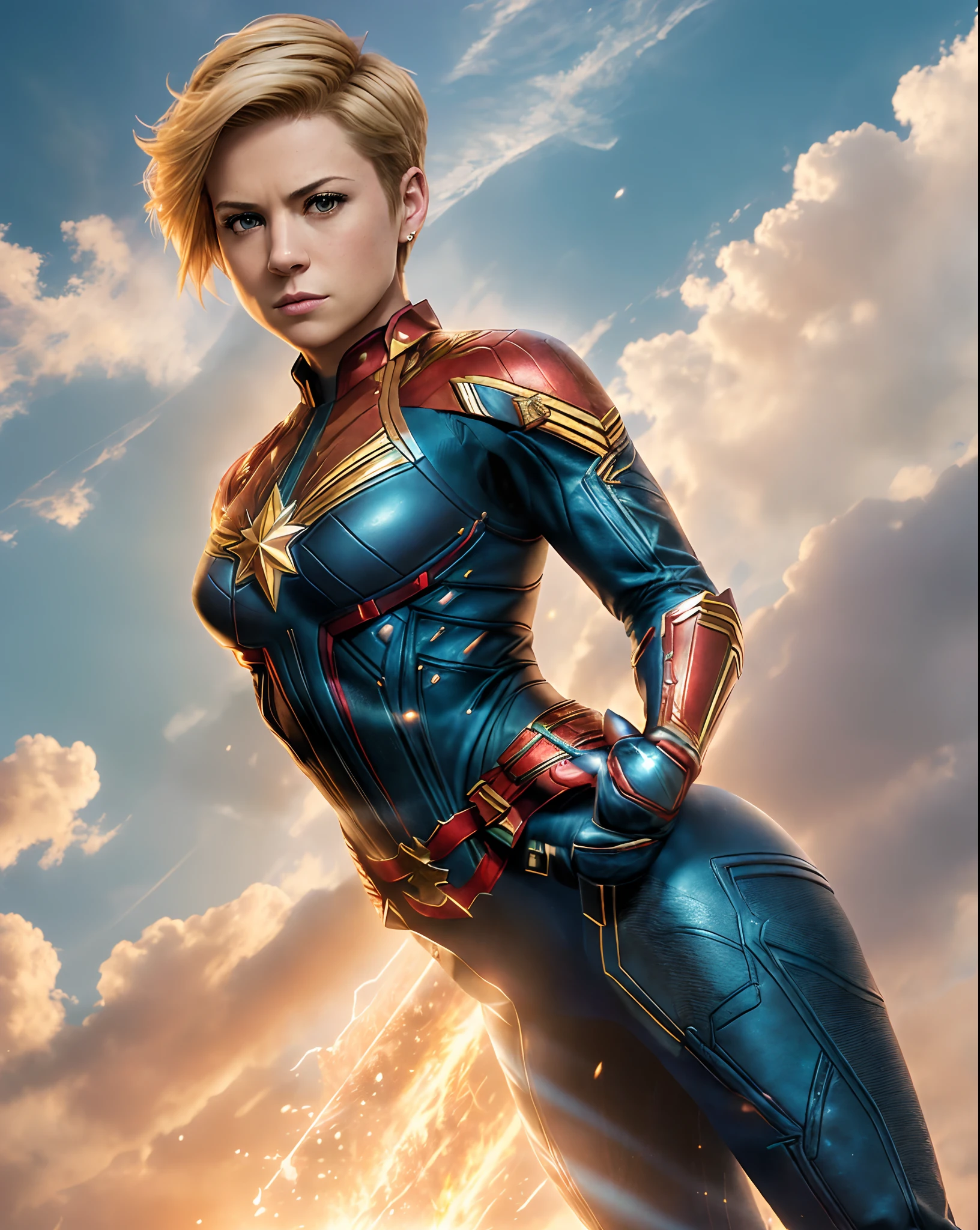 Captain Marvel, corpo musculoso, cabelo loiro, traje de couro.