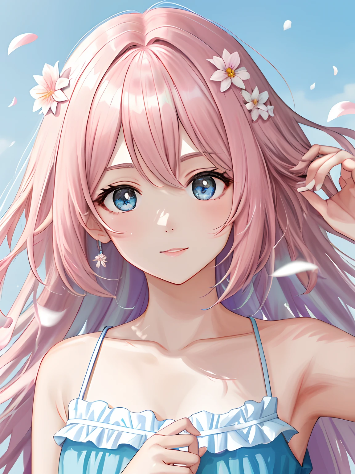 Obra-prima 8K superlativa, mulher anime, Retrato realista do vento frio, Sister, mulher de cabelo longo branco prateado, cabelos longos, light pink lips, franja calma e racional, pupilas cinzentas, fundo da flor, petals dancing, rosto delicado