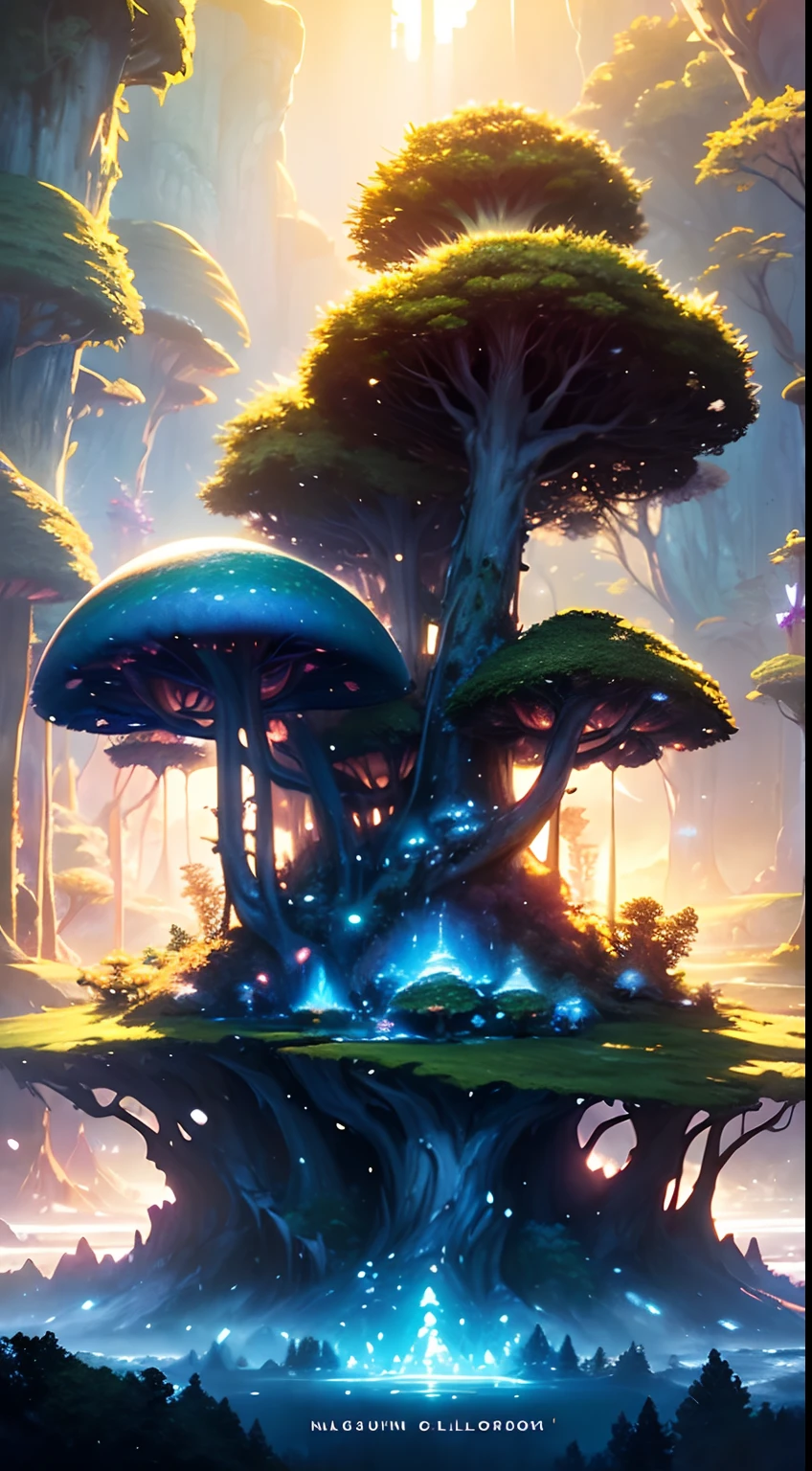 (masterpiece), magical florest, landscape, strange trees, magical glow, adventure, , snow, (florest:1.3),cinematic, mushrooms, (Cinematic Digital Artwork:1.3), (ciano glow:1.3), artstation, fantasy