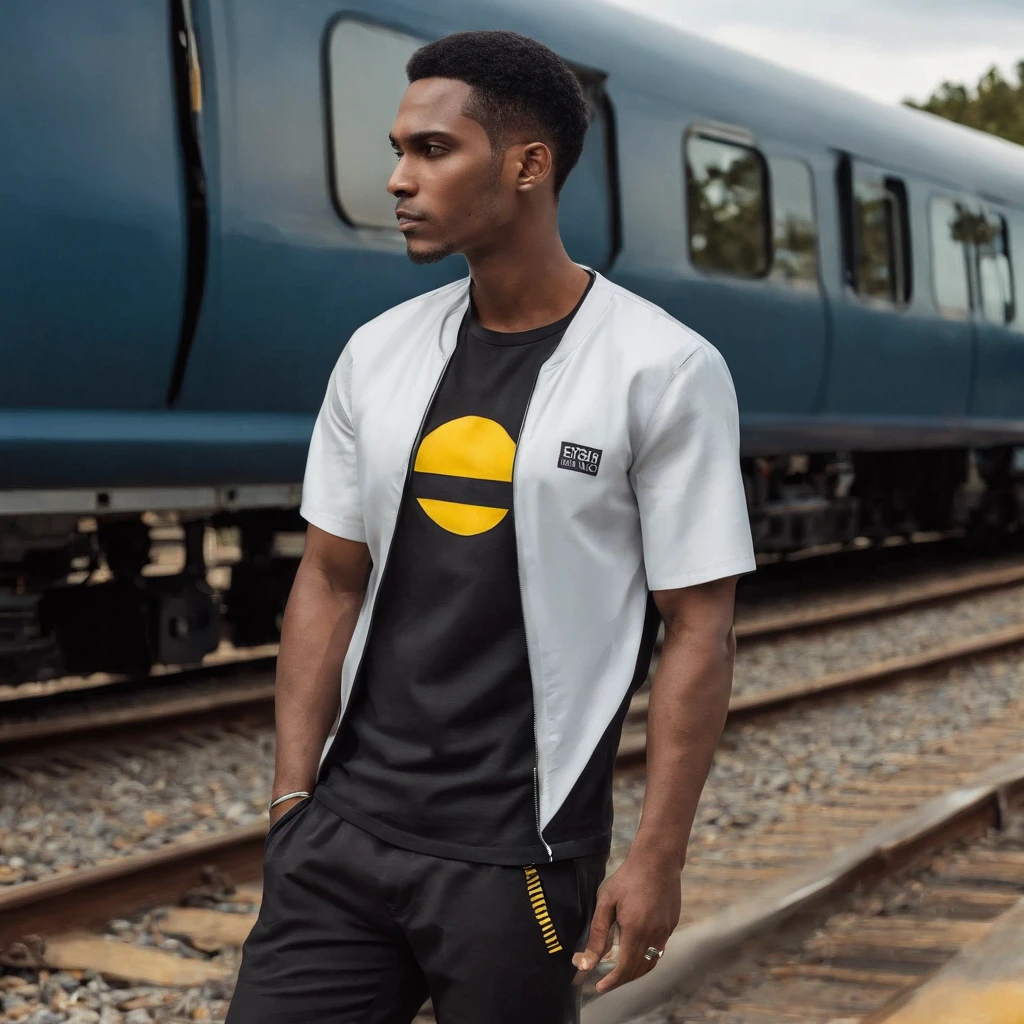 homem negro com roupas de treno, camiseta amarela, short cinza, Medium plane framing, luz de estudio