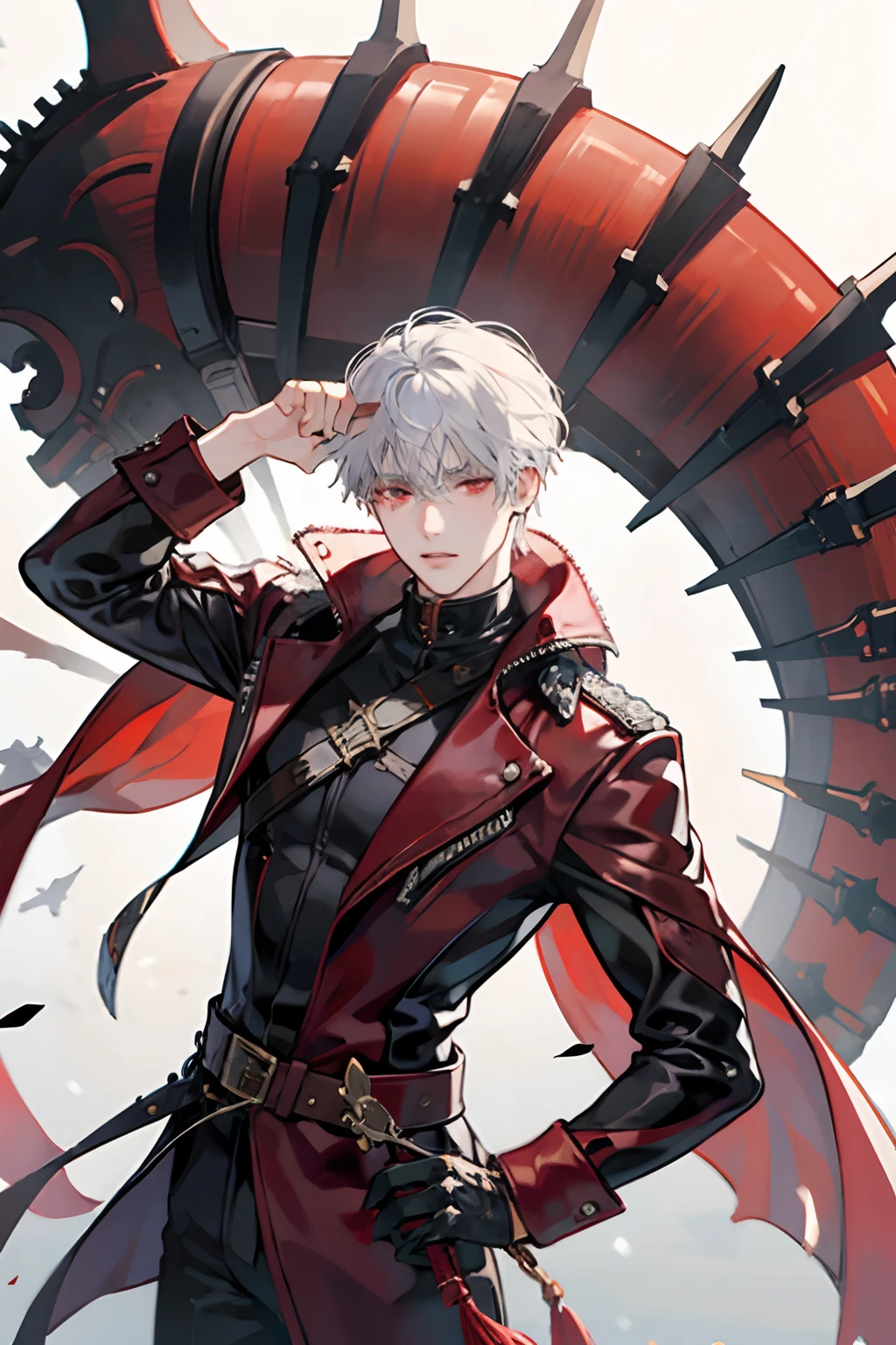 snowy background, adult guy, white hair, red eyes, dressed in leather, equipped with daggers, looks like a rogue