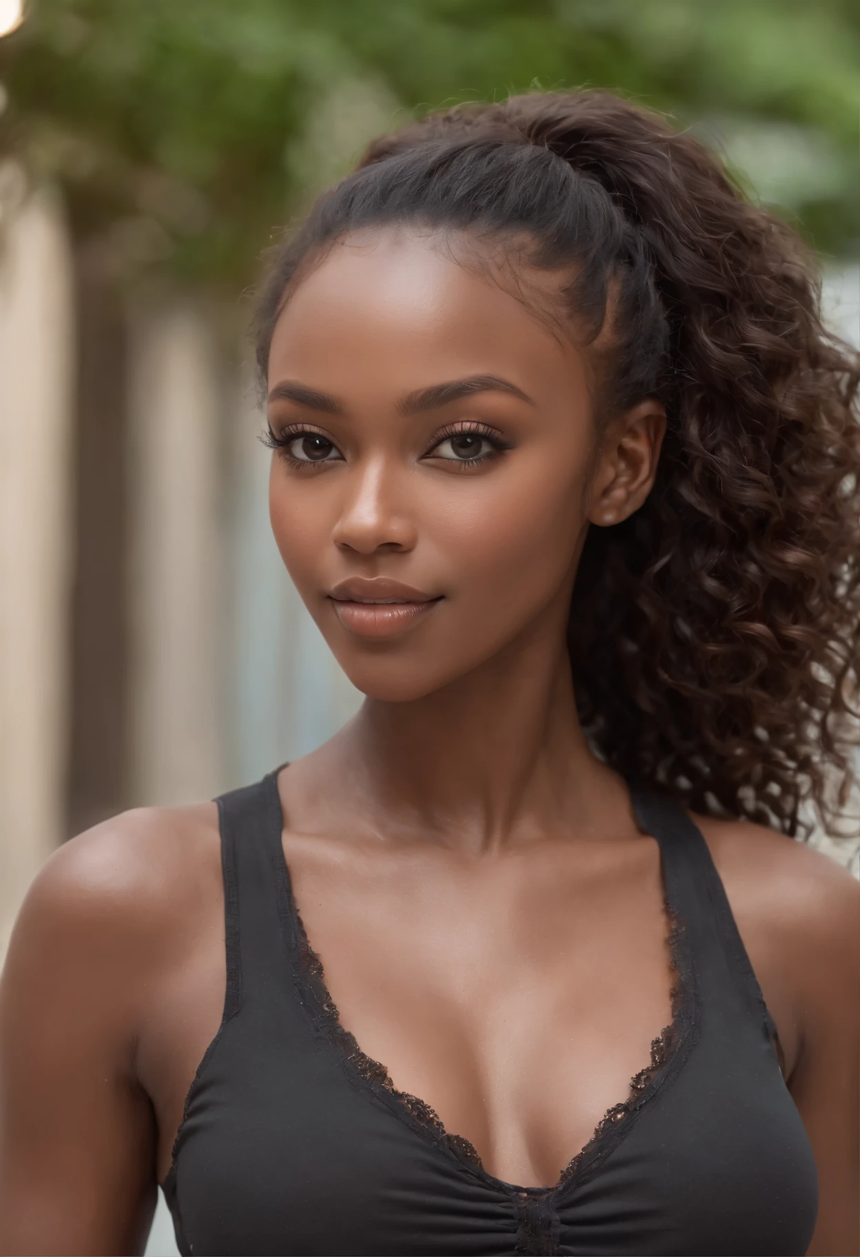 ((Dark African skin, Very deep ebony skin)), ((Its beauty is undeniable)), ((Excited cute face)), ((Perfect hazel eyes hyper detailed,)), ((pose mignonne)), , ((Seductive )), sexy, (( Tight mesh shirt, shorts courts sexy)), ((Smooth African hair long curly ponytail,)), (( peau)), ((debout, vue de face)), ((toucher ses propres jambes dans une pose sexy)), ((dehors, Ville publique)), Sharp Focus CGI, photoreallistic, High detail, Realstic, Masterpiece, absurdes, Best quality, Hdr, High quality, high-definition, Extremely detailed, 8k wallpaper, Intricate details, 8K UHD, Full-HD, (photo realist:1.2), contraste, intense illumination, lighting cinematic, natural lighting, hard light, contre-jour, Illumination globale, occlusion ambiante 22ans
