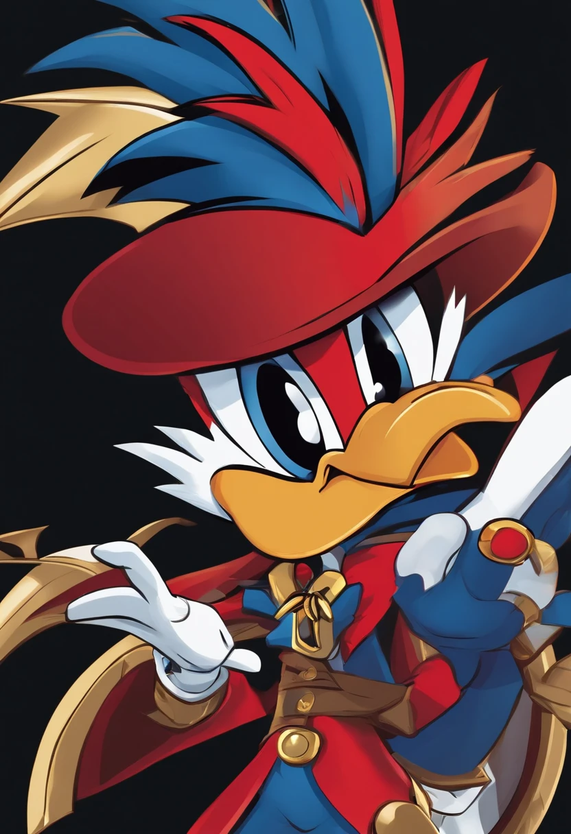 Woody Woodpecker as a duelist in one hand with a dueling disc in Yugioh's universe Vector aspect