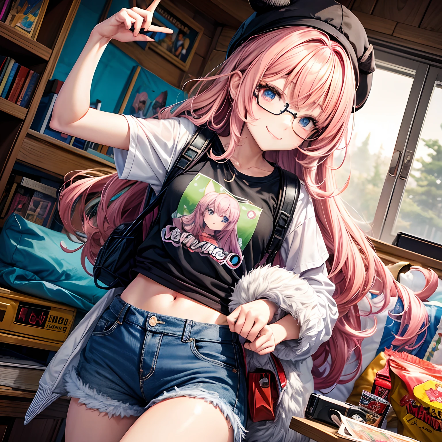 In the yacht you can see a girl sitting with a happy smile and wink eyes, her cheeks are chubby, her hair is pink, colorful eyes use black sun glasses. holding a book