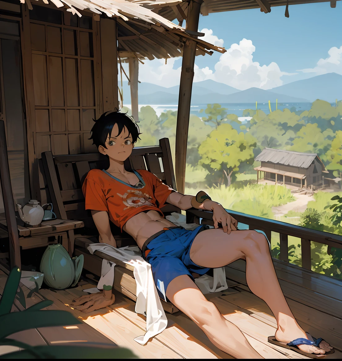 SeaArt Robot
Variations
17:23:48
Image 4k northeastern version of Luffy, ele usa uma regata vermelha muito antiga velha um pouco rasgada, He's also wearing leather sandals and blue shorts, he's lying on a balcony next to it, there's a cactus, all this in the agreste, In the background there is catinga vegetation and a sawmill back there are two large wide mountains on the right, On the left is an old rammed earth house, next to it is Zoro standing with an old pair of shorts and a very old white shirt with the name written Zoro Sola