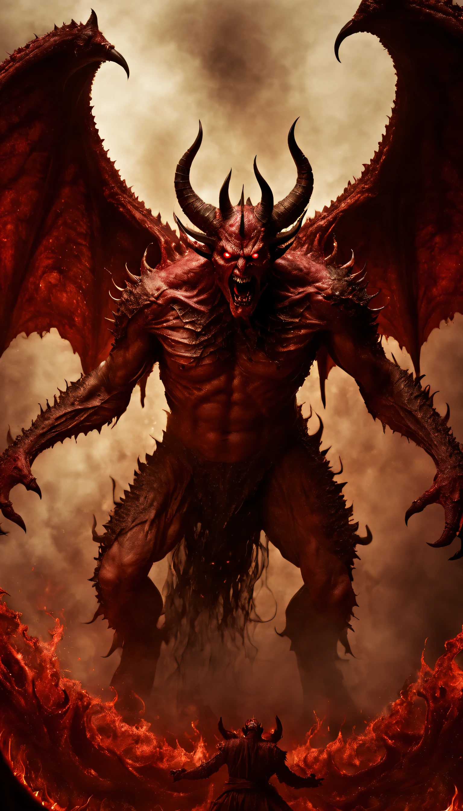 Horror-themed cinematic film still,a horrifying red-skinned male demon king, (full body portrait:1.3), (detailed monstrous evil face:1.4), screaming, wide spread bat like wings, (detailed scaly skin texture:1.2), long curved horns, (in hell, swirling tormented souls, billowing smoke:1.5), black spiky armor,, shallow depth of field, vignette, highly detailed, high budget, bokeh, cinemascope, moody, epic, gorgeous, film grain, grainy . Eerie, unsettling, dark, spooky, suspenseful, grim, highly detailed