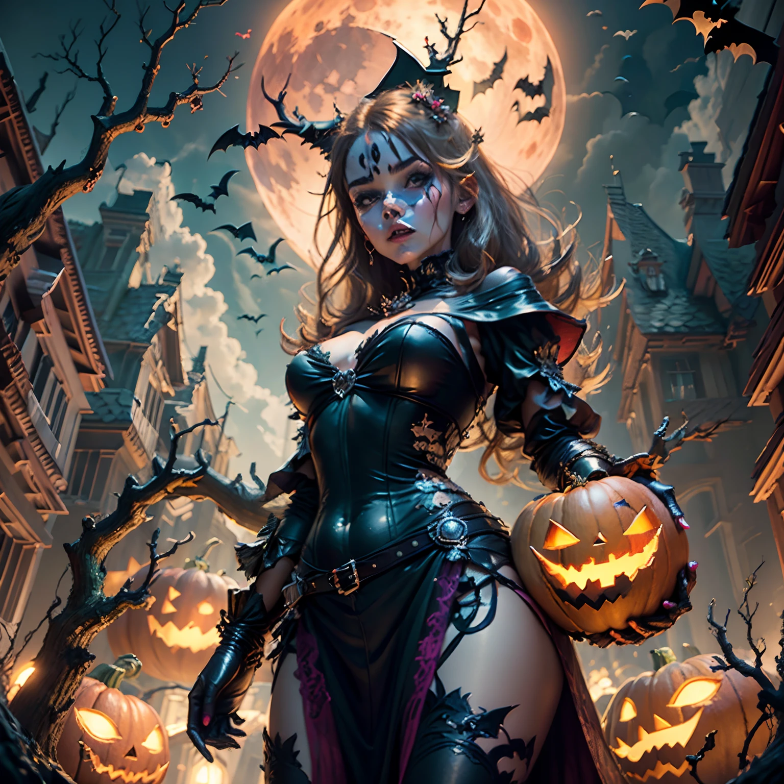 Halloween poster, pumpkins, bats, withered giant branches, red moon, ray tracing, stacked chests, castle, a beautiful girl is standing for treet in Halloween, realistic