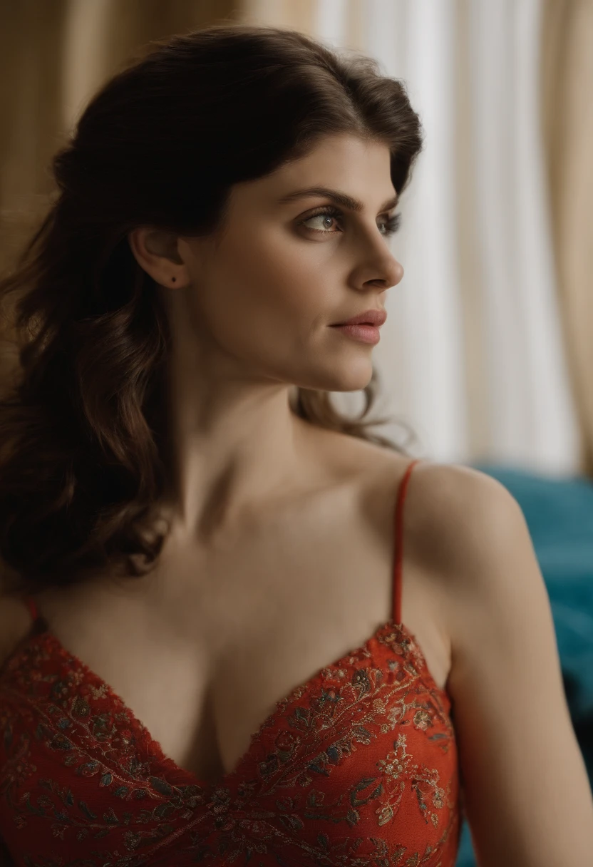 Alexandra Anna Daddario wearing afghan in the bed nude big boobs
