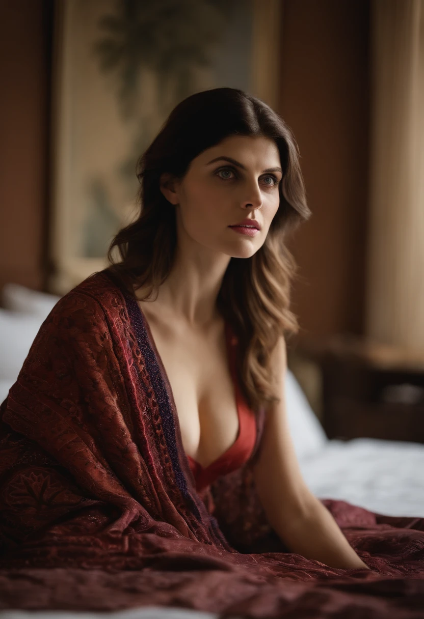 Alexandra Anna Daddario wearing afghan in the bed nude big boobs