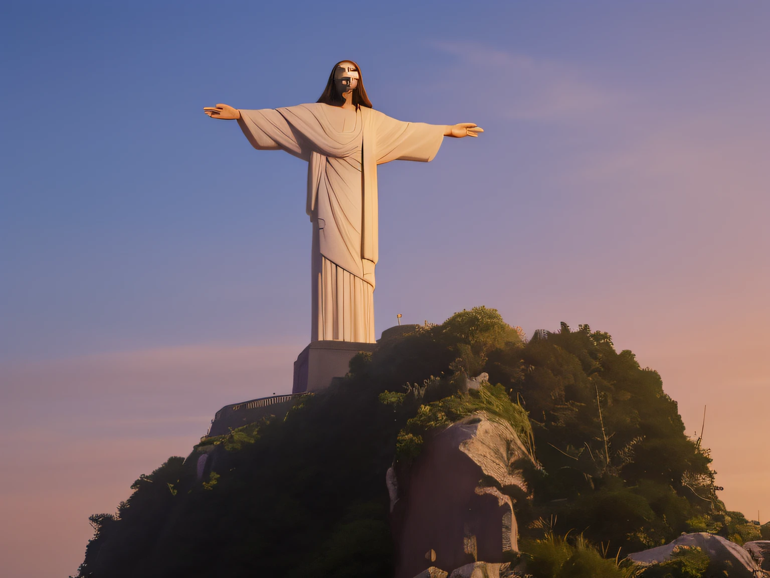 Arafed statue of Jesus on top of a mountain with a blue sky, cristo redentor, Cristo Redentor, rio de janeiro, Jesus Gigachad, a foto mostra um grande, vista deslumbrante, visto no perfil de longe, visible from afar!!, Jesus Cristo, incrivelmente bonito, lindo dia ensolarado, vista do lado, wikimedia