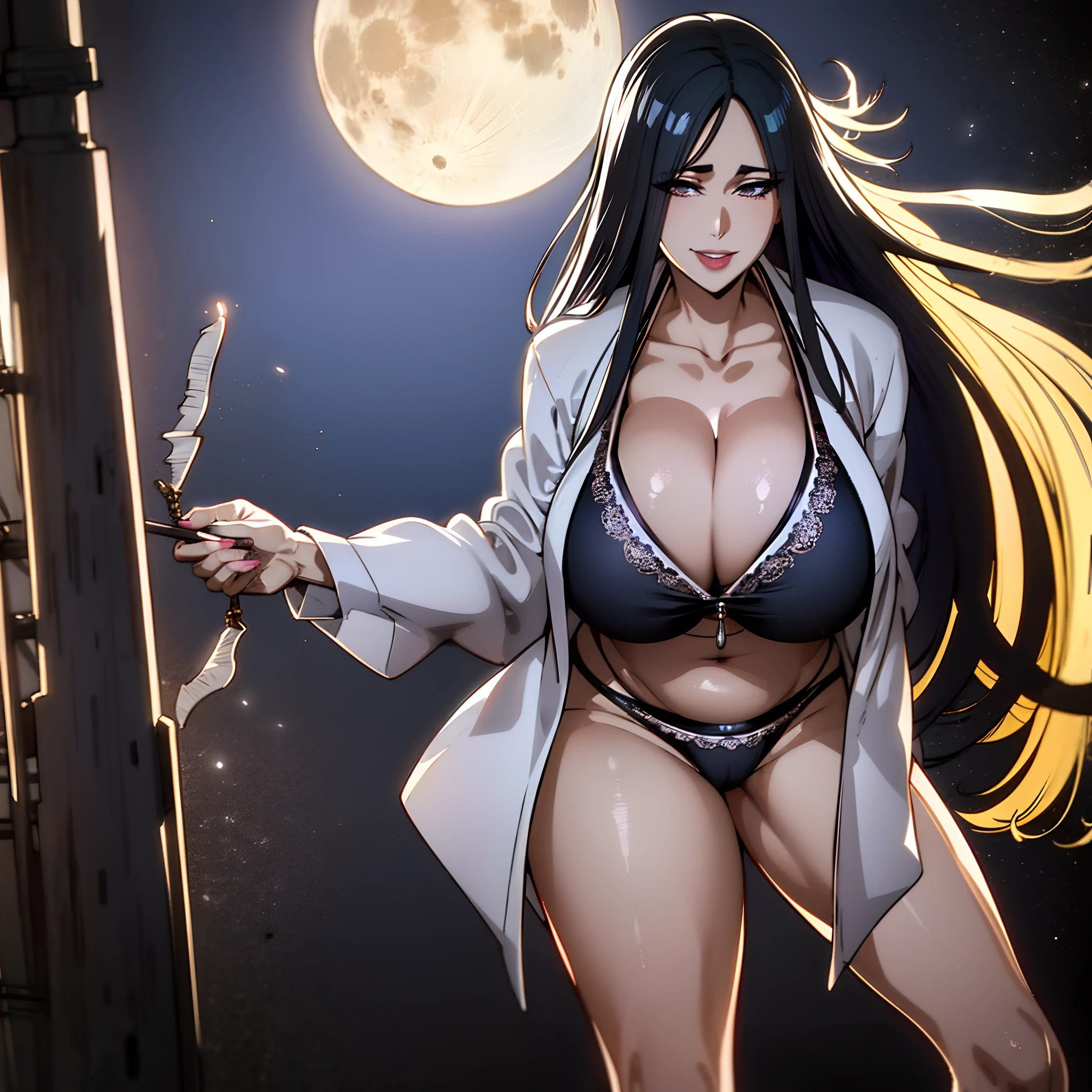 Solo,cleavage, haori, thick thighs, outstanding details,big breasts , moon , parted lips, standing up, huge boobs,underwear, bikini, smiling,ass