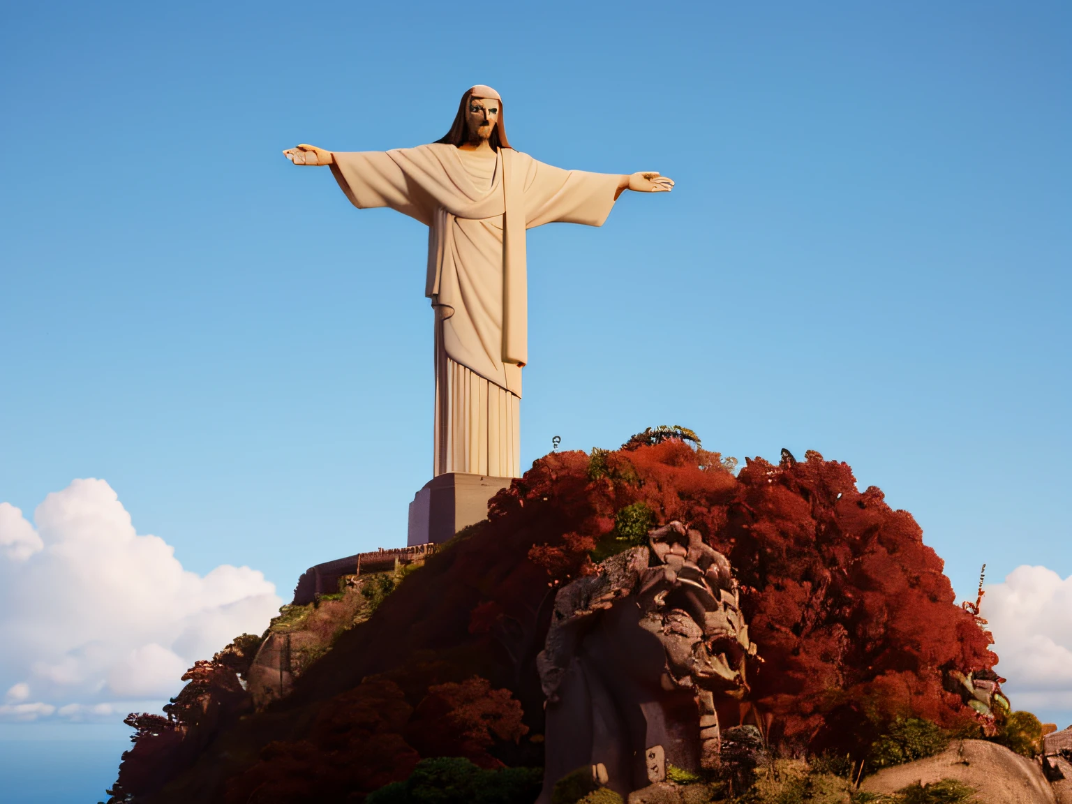 Arafed statue of Jesus on top of a mountain with a blue sky, cristo redentor, Cristo Redentor, rio de janeiro, Jesus Gigachad, a foto mostra um grande, vista deslumbrante, visto no perfil de longe, visible from afar!!, Jesus Cristo, incrivelmente bonito, vista do lado, lindo dia ensolarado, wikimedia