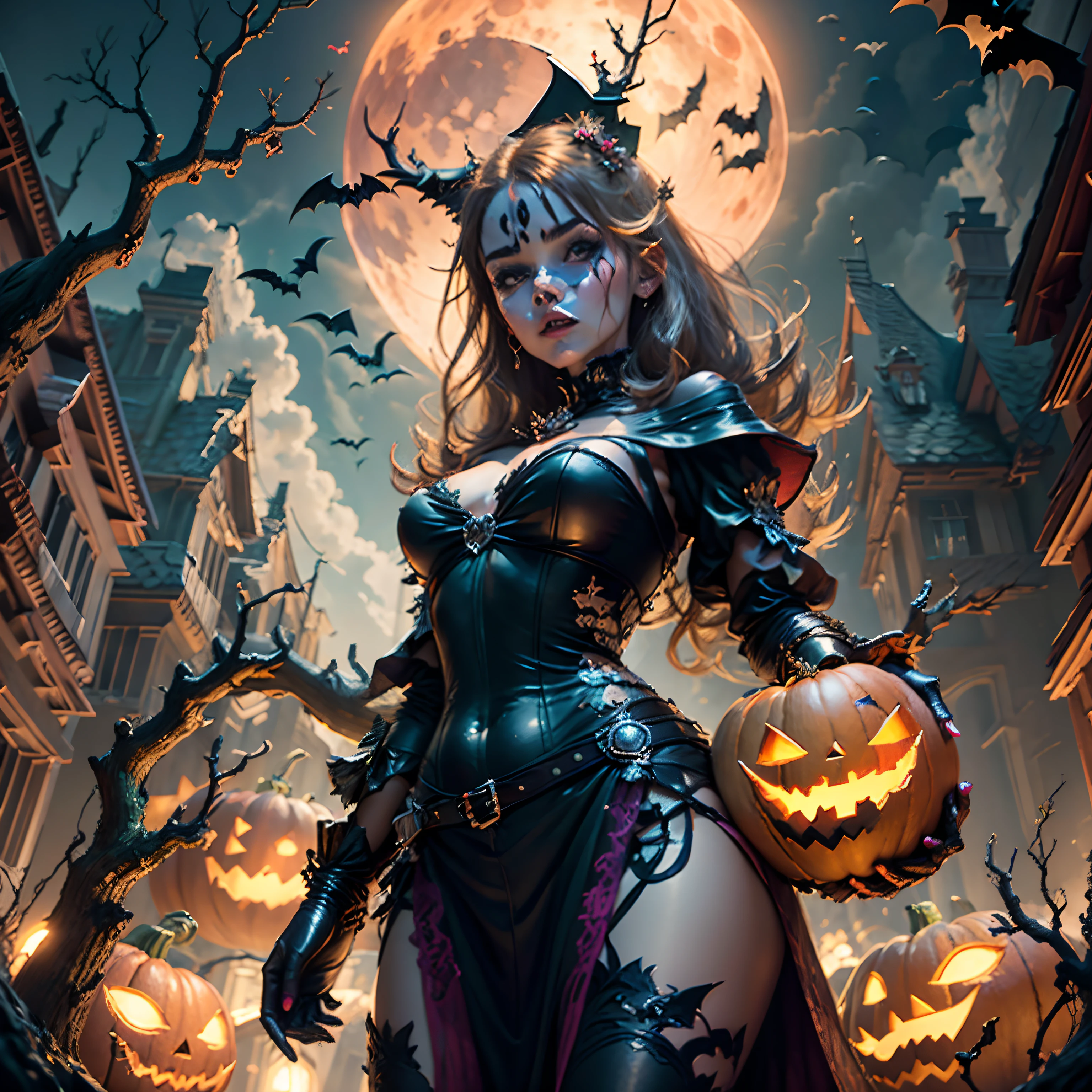 Halloween poster, pumpkins, bats, withered giant branches, red moon, ray tracing, stacked chests, castle, a beautiful girl is standing for treet in Halloween, realistic