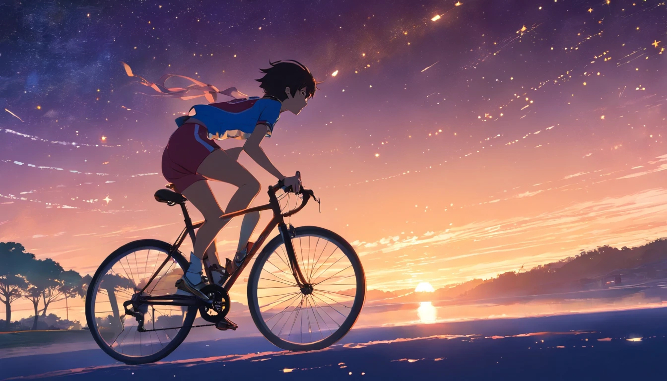 Silhouette of a bicycle racer drawn with light gathered of stars。