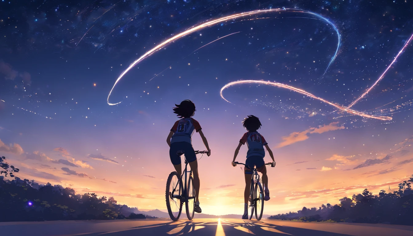Silhouette of a bicycle racer drawn with light gathered of stars。