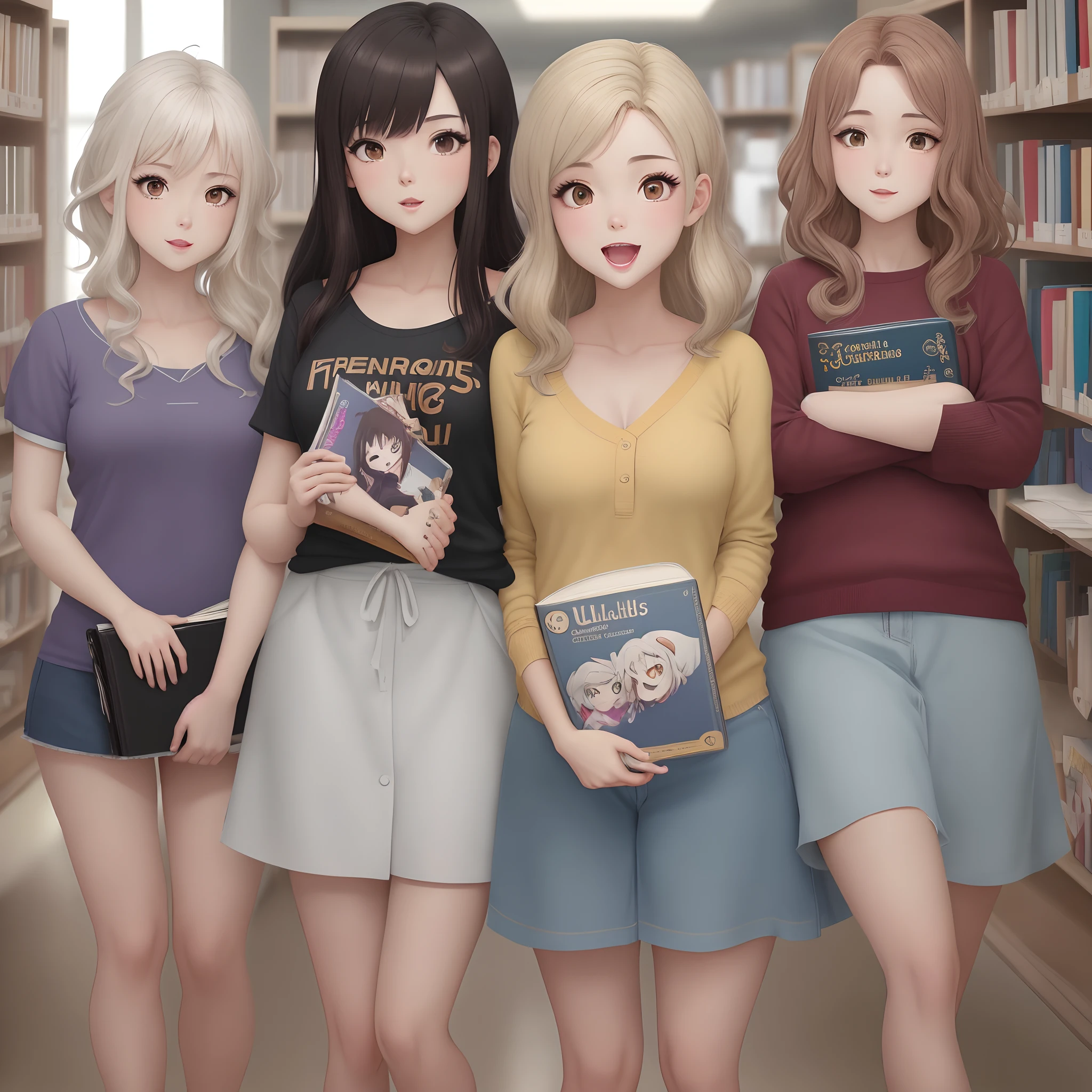Crie a imagem de uma mulher no estilo anime, medium stature, cabelo ruivo curto, olhos azuis, seios grandes a mostra, quadril grande, usando uma calcinha fio dental branca e dourada. Ao fundo uma biblioteca