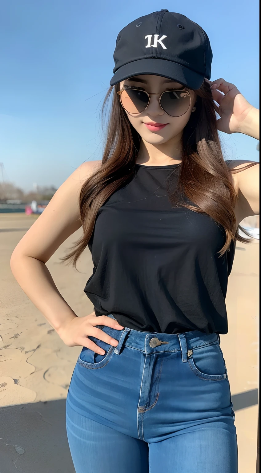 (4K), (best quality), (Best details), (ultra realistic), Korean woman, 18 years old, winter, spring day, black baseball cap, Kawaii jeans, sunglasses, beautiful, looking at viewer,