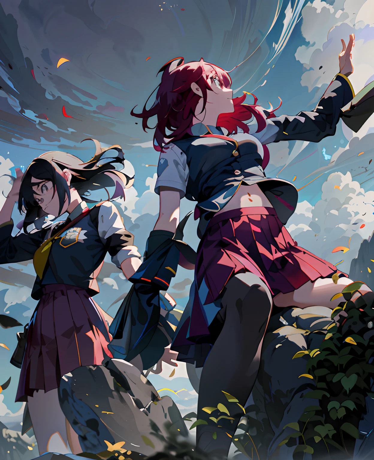 anime characters in uniform standing on a rock with their arms outstretched, artgerm and atey ghailan, wlop and sakimichan, artwork in the style of guweiz, anime style 4 k, anime art wallpaper 8 k, anime styled digital art, 2. 5 d cgi anime fantasy artwork, anime art wallpaper 4 k, anime style illustration