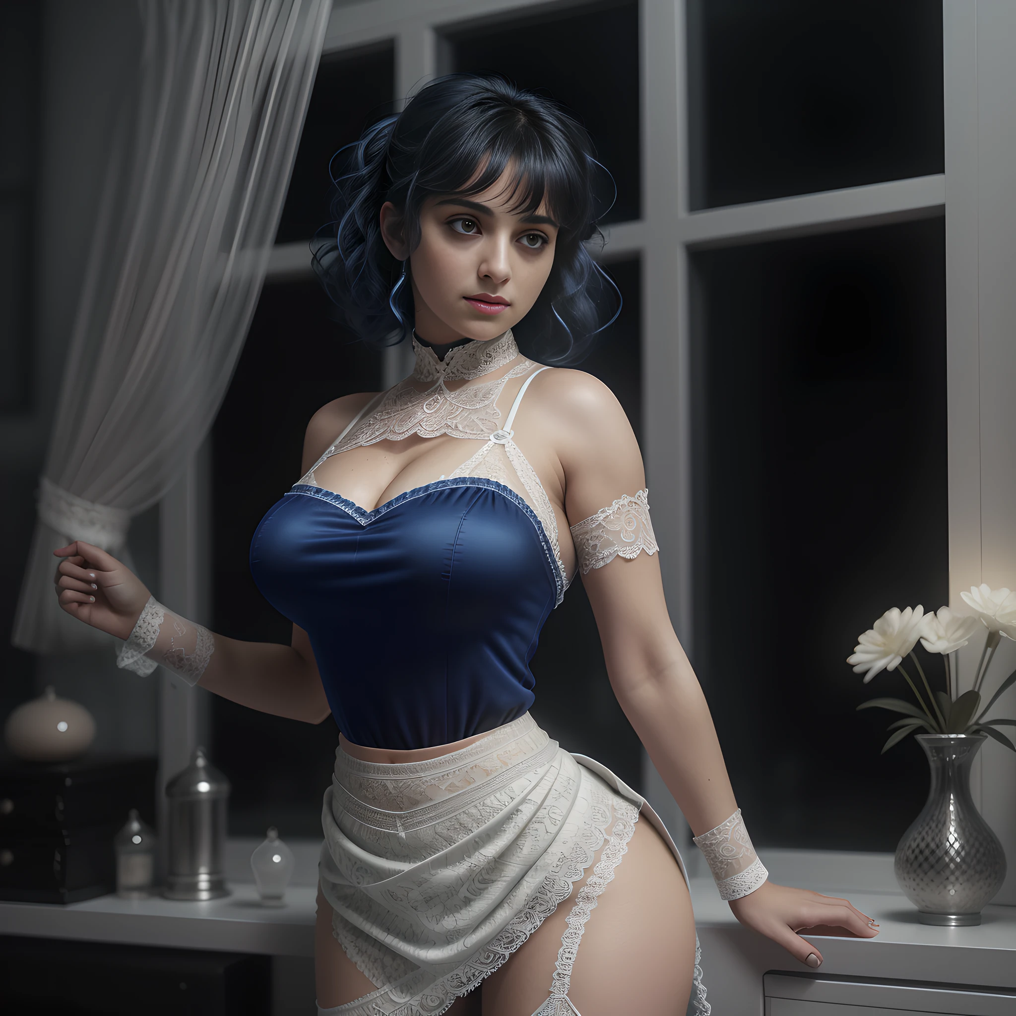 Full body of a Syrian WOMAN, blue curly  hair,  ((((pleaded skirt)))), big boobs, angry look, looking down at viewer, old syrian  bedroom, natural skin texture, 24mm, 4k textures, bright cinematic light, RAW photo, photorealism, photorealistic, intricate, elegant, highly detailed, sharp focus, ((((((cinematic look)))), soft tones, insane details, intricate details, hyperdetailed, low contrast, soft cinematic light, bright colors, exposure mix,  hdr, below view angle, full body head to toe, (((model has her hands cupping her butt))), wearing choker, thick thighs, over the knees socks, ((white lace panties))