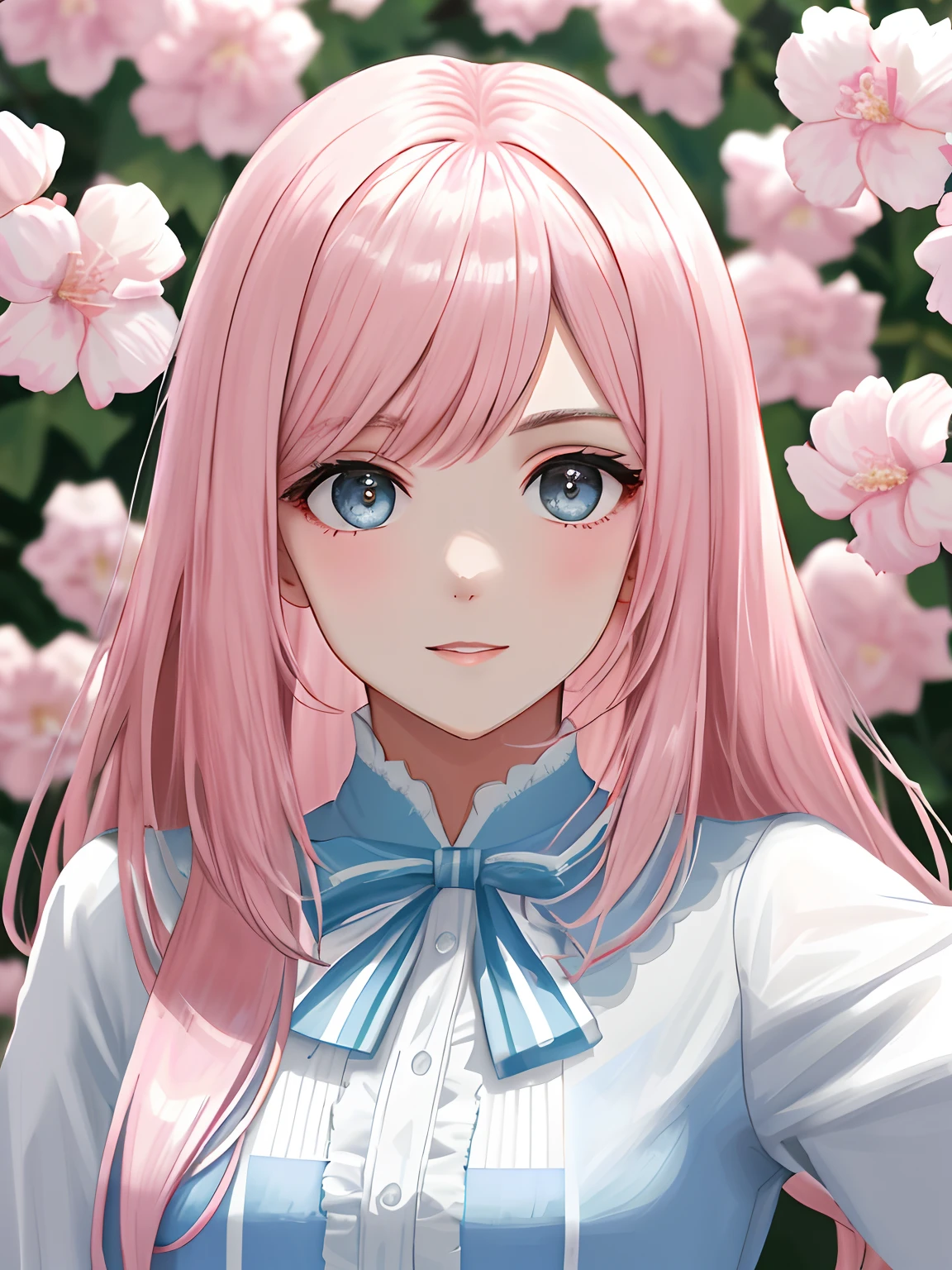 Obra-prima 8K superlativa, mulher anime, Retrato realista do vento frio, Sister, mulher de cabelo longo branco prateado, cabelos longos, light pink lips, franja calma e racional, pupilas cinzentas, fundo da flor, petals dancing, rosto delicado