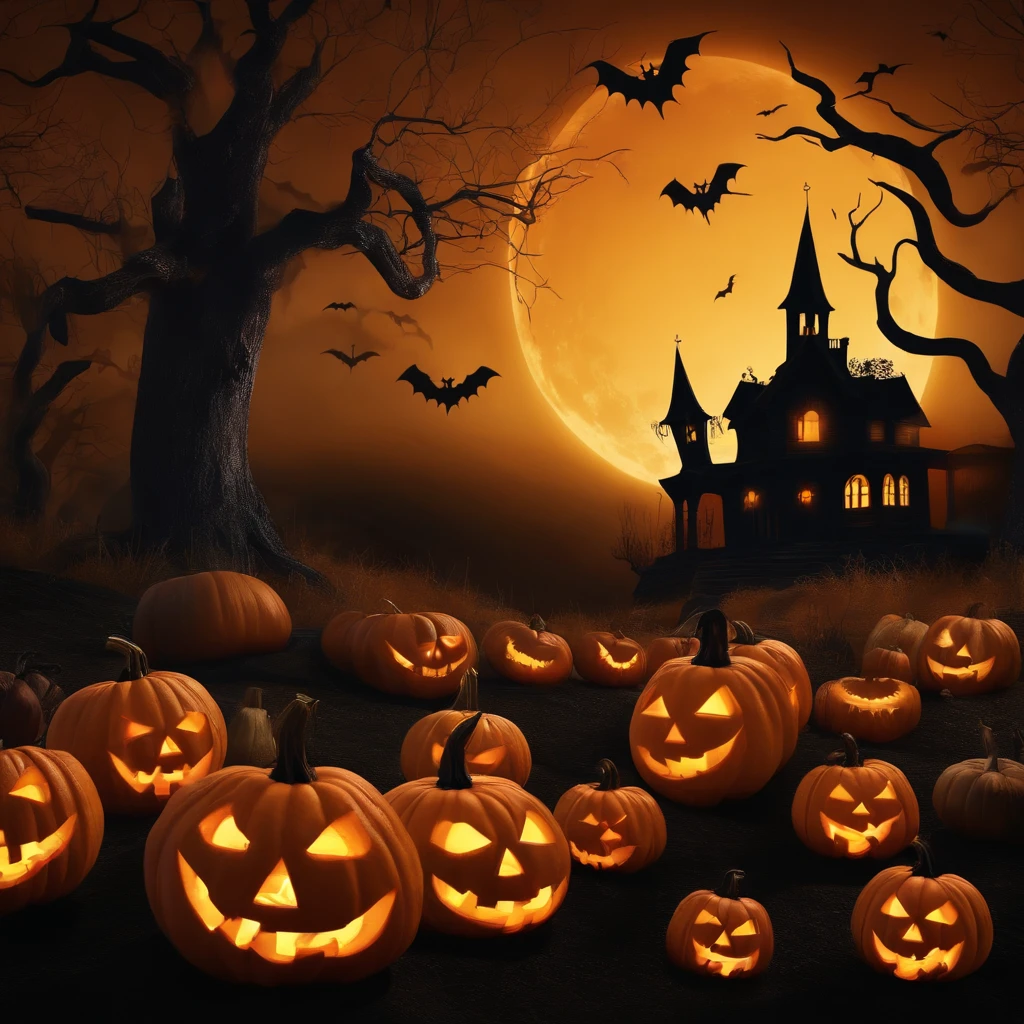 Halloween, haunted pumpkins, with witches left in the darkness, dry trees and a scary cartel, UHD