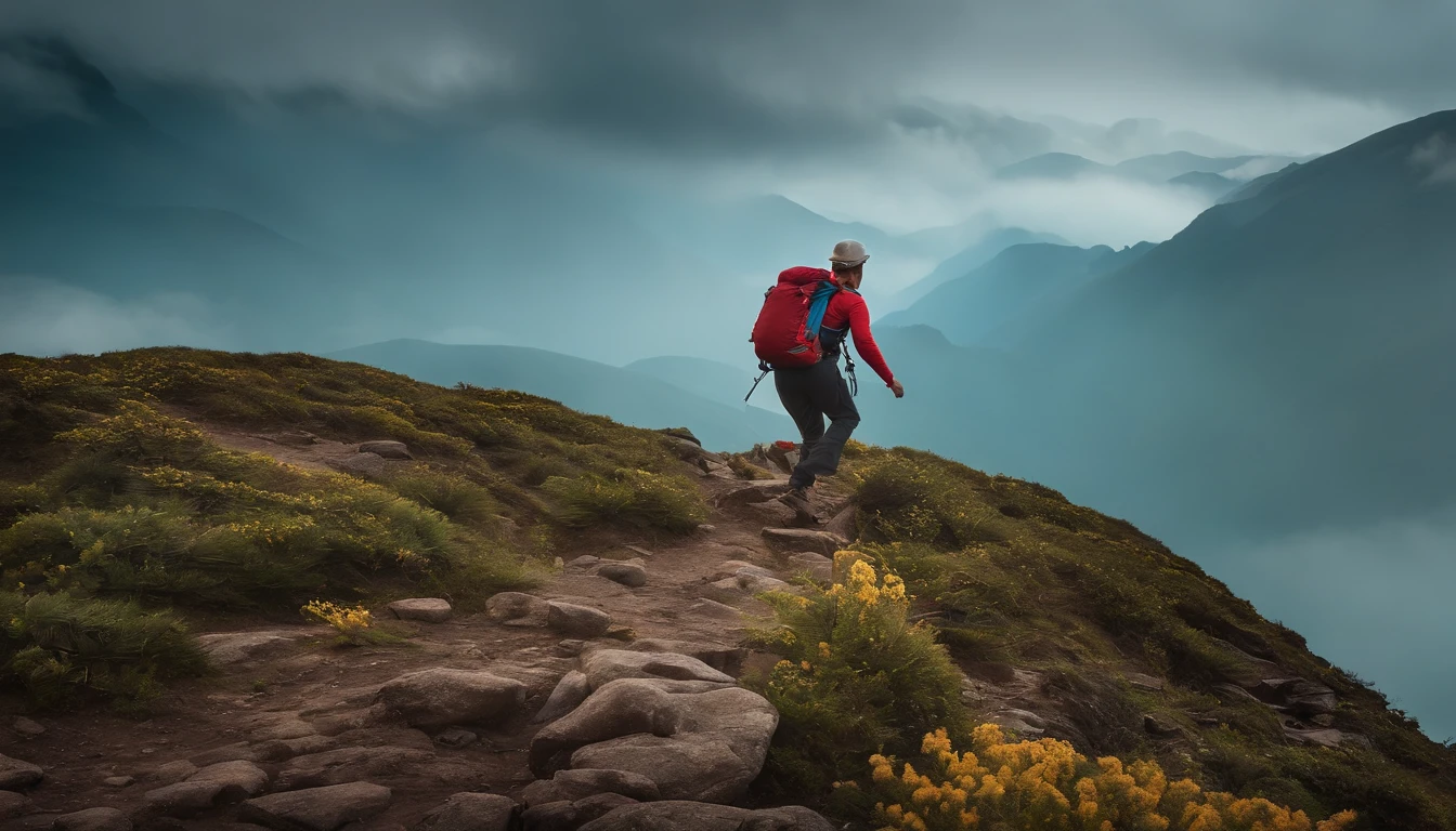 Uma imagem de uma pessoa escalando uma montanha, symbolizing overcoming challenges to achieve motivation