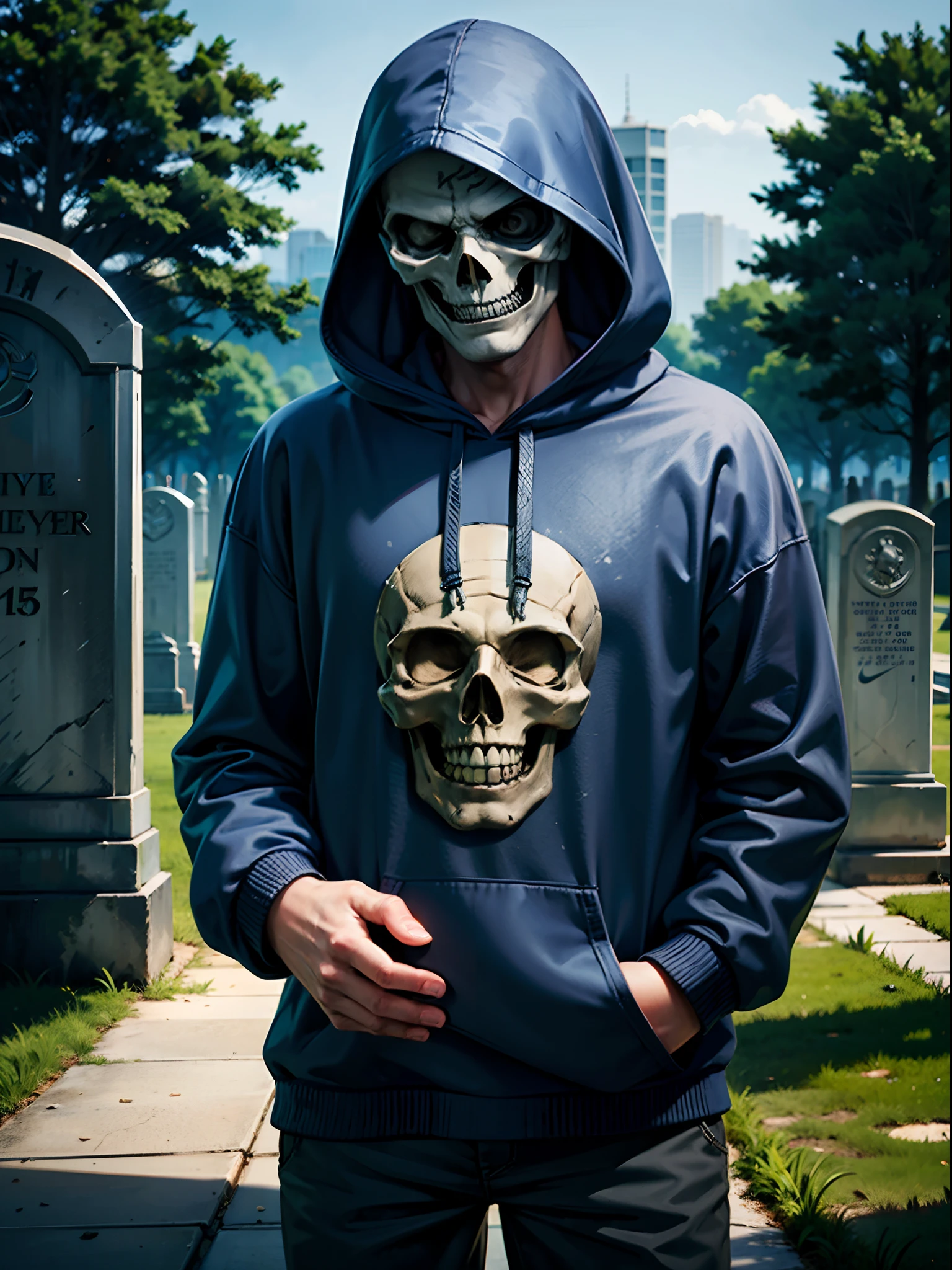 a man, with a skull face, wearing a hood, with a Nike sweatshirt, in a cemetery.