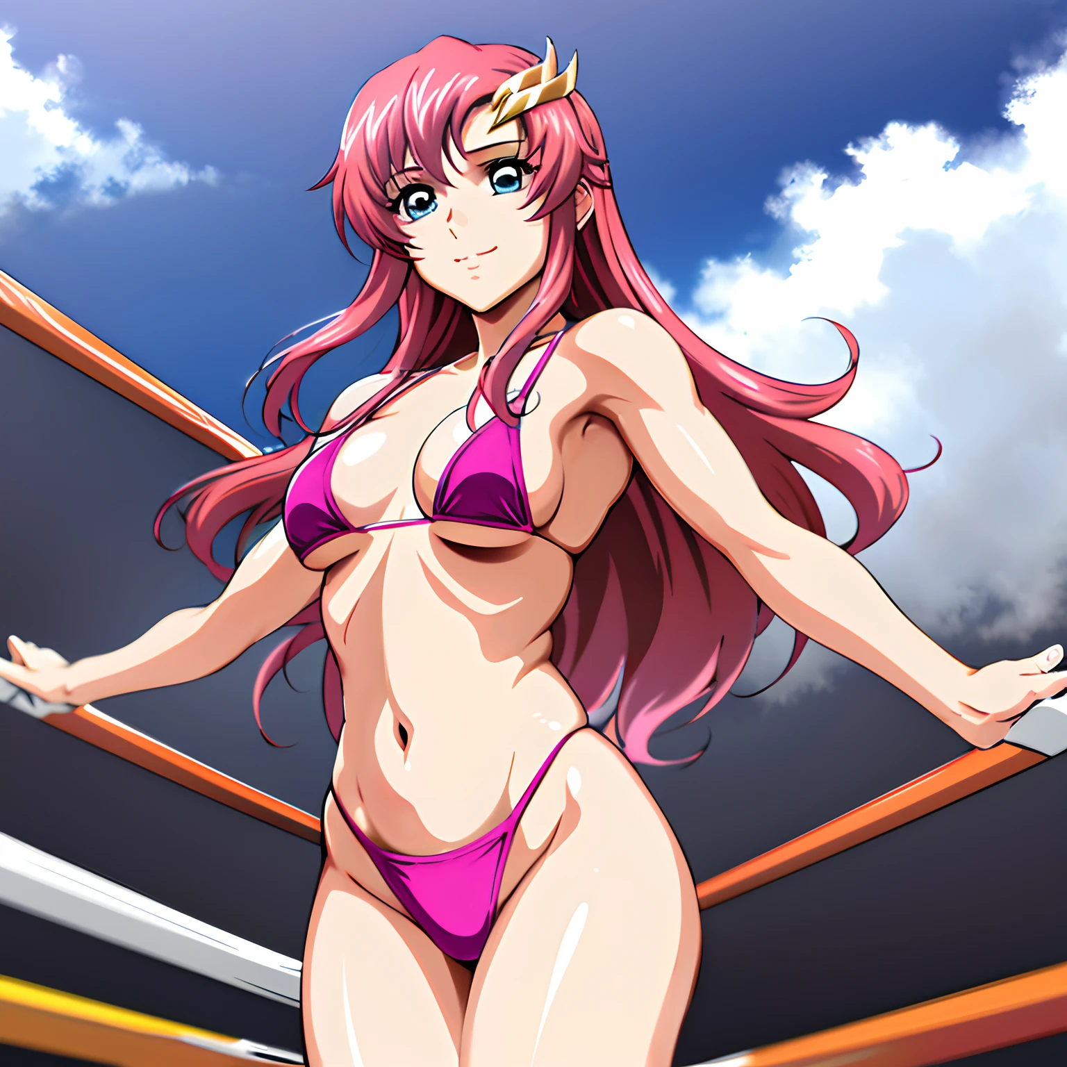 (masterpiece, far view, 4K, Best Quality, Anime style: 1.9,, Adult Woman, ultra detailed face, (cloud background, wrestling), Drawing lines, high resolution, Anime, lacus4), 1girl, Solo, curvy figure, Long hair, 鎖骨, scapular, (Detailed wide hair bangs, Hair Ornament, Detailed reddish-pink hair, golden crest), cleavage, large hands, (female wrestler). (Big blue eyes, shiny eyes), ((female wrestler, little biceps, slender body, broad shoulders, closed fists)), ((perfect proportions, medium breasts, long belly)), (((micro bikini, pink wrestling gear, champion))), happy, smile, , (belly dancing, looking at the viewer), , showing off underarm, (elegant lady), mic,