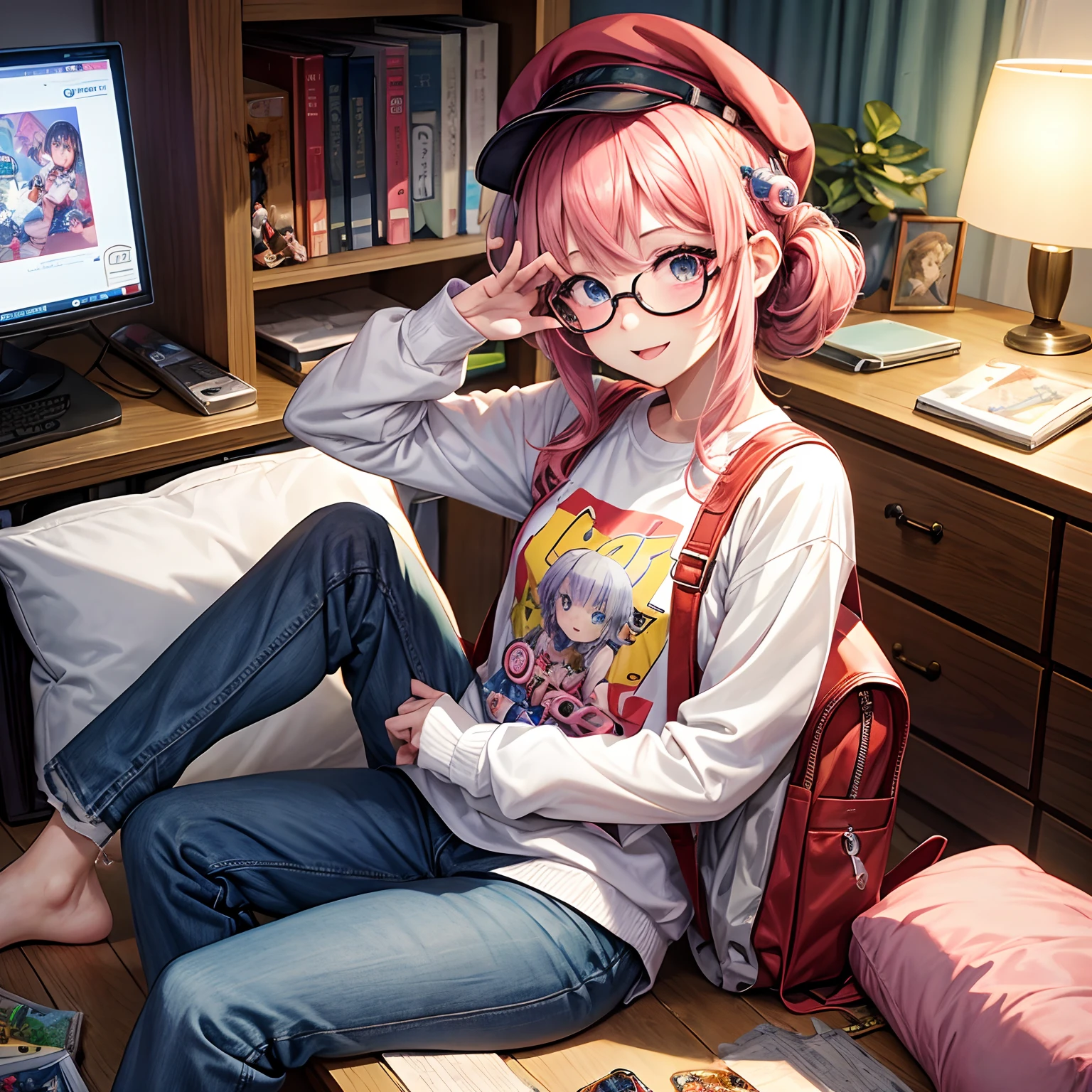 最high quality、best image quality、masterpiece、age girl((18-year-old、 By becoming、vest bust、medium bust,wide open breast tea、black eye, pink hair、long hair、thin,highest valley、toned chest、Have a smartphone、Selfie Pose、Kick Pose、red hat、Multicolored shirts、Damaged jeans pants、knee high boots)),high quality、beautiful art、background((pink walls、messy room、cute stuffed animals、Red table)),debris flies、Depth of written boundary、movie、visual art、perfect art、8K,genuine