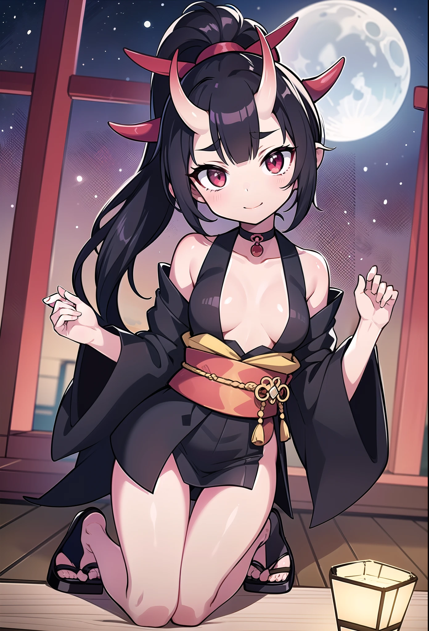 1 girl, light skin, small breasts, black hair, oni horns, red eyes, long ponytail, emo hairstyle, purple kimono, open clothes, black open bra, black tanga, princess tiara, flip flops, japanese temple, night sky, moon, high quality, skinny, masterpiece, detailed body, detailed face, detailed eyes, glistering body, shiny body, full body, :), flip flops,