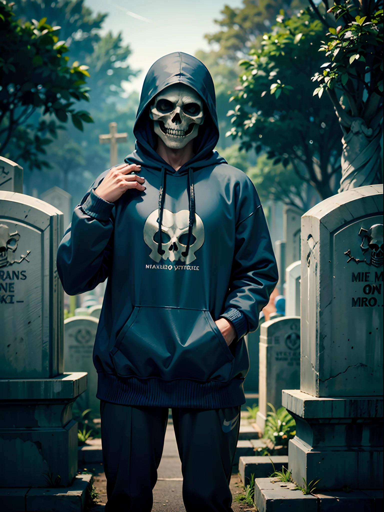 a man, with a skull face, wearing a hood, with a Nike sweatshirt, in a cemetery.