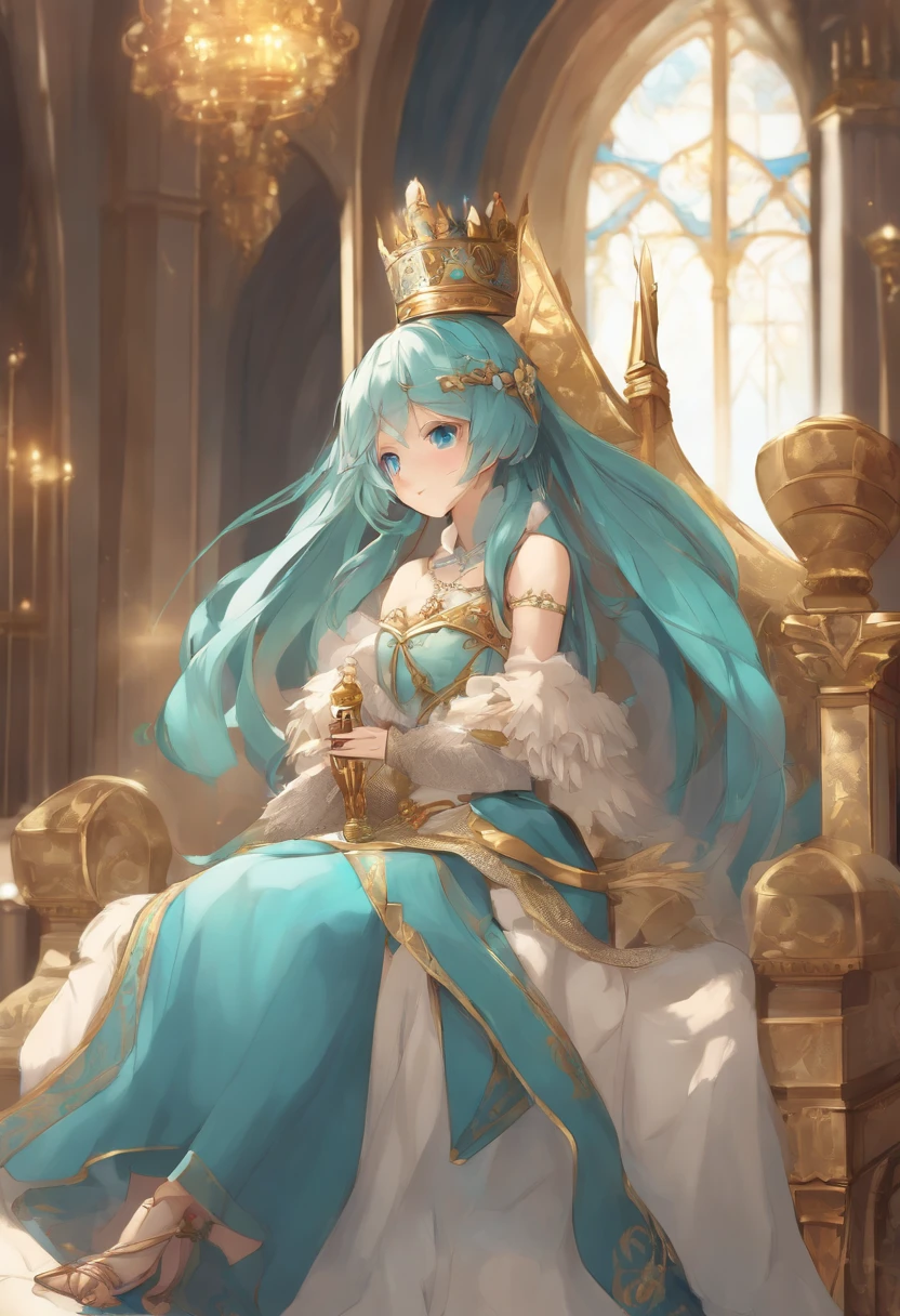 1girl, Hatsune Miku, princess outfit, crown, gold, ((throne)), in a castle, Middle Ages, wearing a blue vest, one foot on the ground, the other foot calf turned outward, one hand holding the microphone, the other hand across the eyes Biye, white background