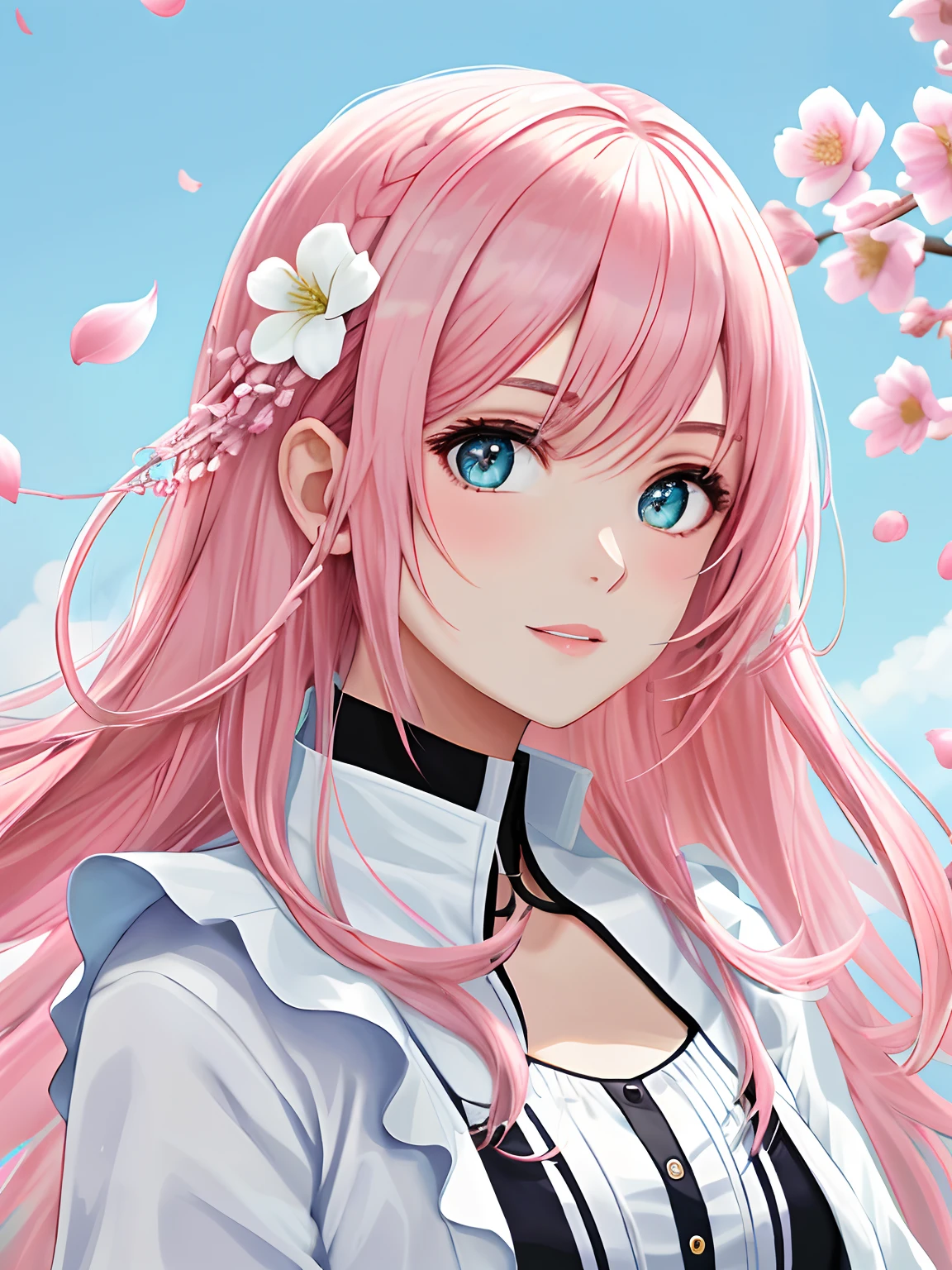Obra-prima 8K superlativa, mulher anime, Retrato realista do vento frio, Sister, mulher de cabelo longo branco prateado, cabelos longos, light pink lips, franja calma e racional, pupilas cinzentas, fundo da flor, petals dancing, rosto delicado