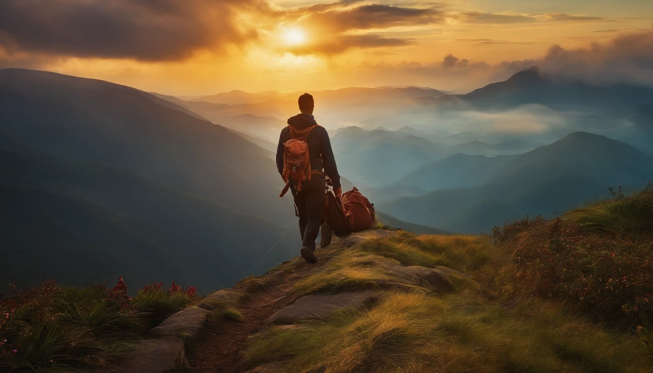 Arafed man with a backpack standing on a mountain top - SeaArt AI