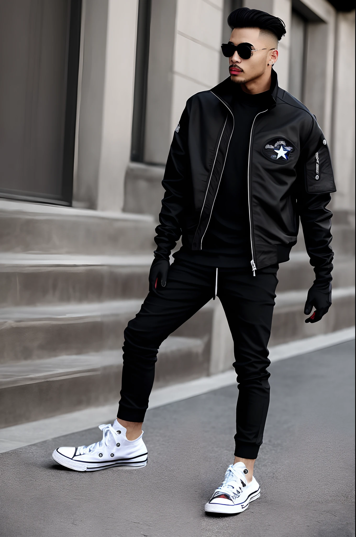 Villain man, wearing a super detailed black jacket, black gloves, power in his right hand, black all star converse sneakers, hair with