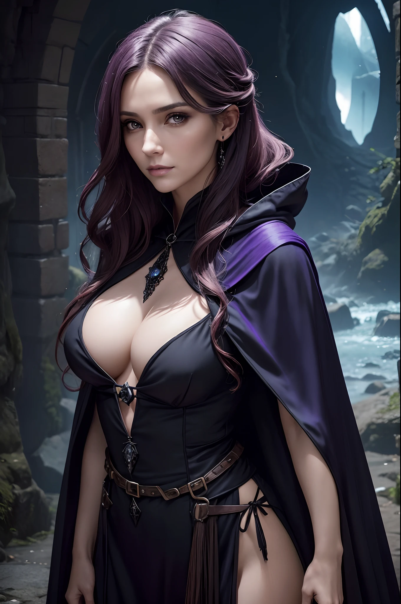 38 yo woman witch mage in a fantasy world, stunningly beautiful woman, impossibly beautiful woman, disconcerting face, subtly wrong face, seductress, posing, asymmetrical clothing, asymmetrical face, asymmetrical robe, asymmetrical garb, bore expression