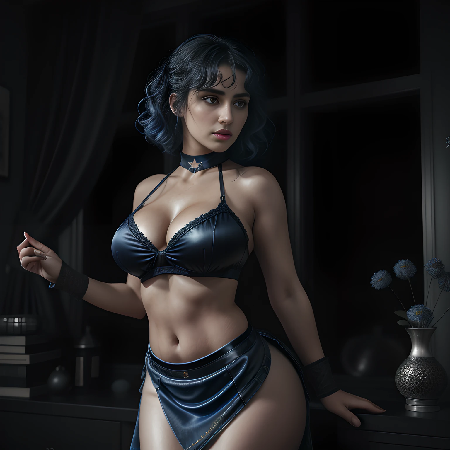 Full body of a Syrian WOMAN, blue curly  hair,  ((((pleaded skirt)))), big boobs, angry look, looking down at viewer, old syrian  bedroom, natural skin texture, 24mm, 4k textures, bright cinematic light, RAW photo, photorealism, photorealistic, intricate, elegant, highly detailed, sharp focus, ((((((cinematic look)))), soft tones, insane details, intricate details, hyperdetailed, low contrast, soft cinematic light, bright colors, exposure mix,  hdr, below view angle, full body head to toe, (((model has her hands cupping her butt))), wearing choker, thick thighs, over the knees socks, leather