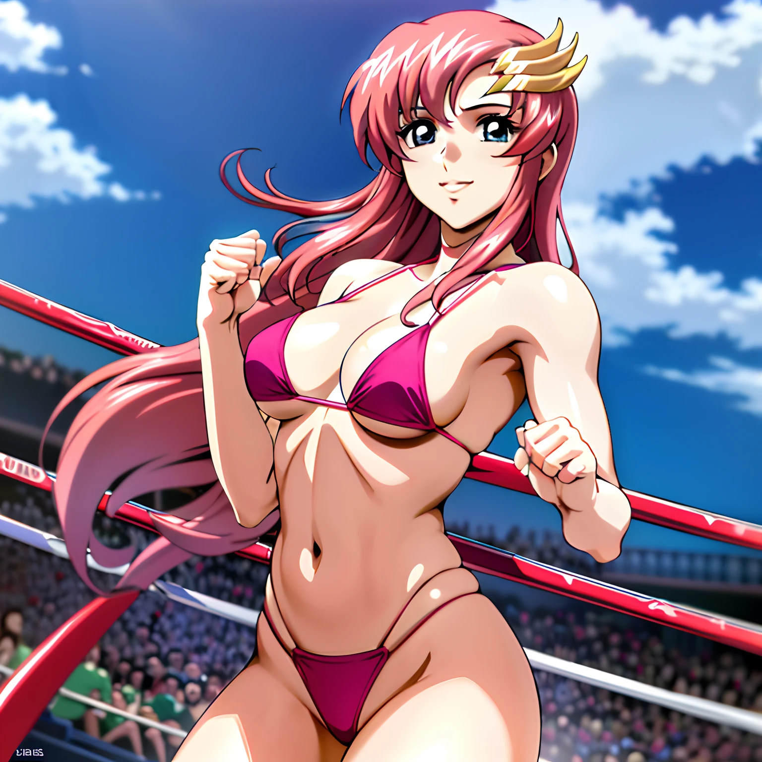 (masterpiece, far view, 4K, Best Quality, Anime style: 1.9,, Adult Woman, ultra detailed face, (cloud background, wrestling), Drawing lines, high resolution, Anime, lacus4), 1girl, Solo, curvy figure, Long hair, 鎖骨, scapular, (Detailed wide hair bangs, Hair Ornament, Detailed reddish-pink hair, golden crest), cleavage, large hands, (female wrestler). (Big blue eyes, shiny eyes), ((female wrestler, little biceps, slender body, broad shoulders, closed fists)), ((perfect proportions, medium breasts, long belly)), (((micro bikini, pink wrestling gear, champion))), happy, smile, , (belly dancing, looking at the viewer), , showing off underarm, (elegant lady), microphone,